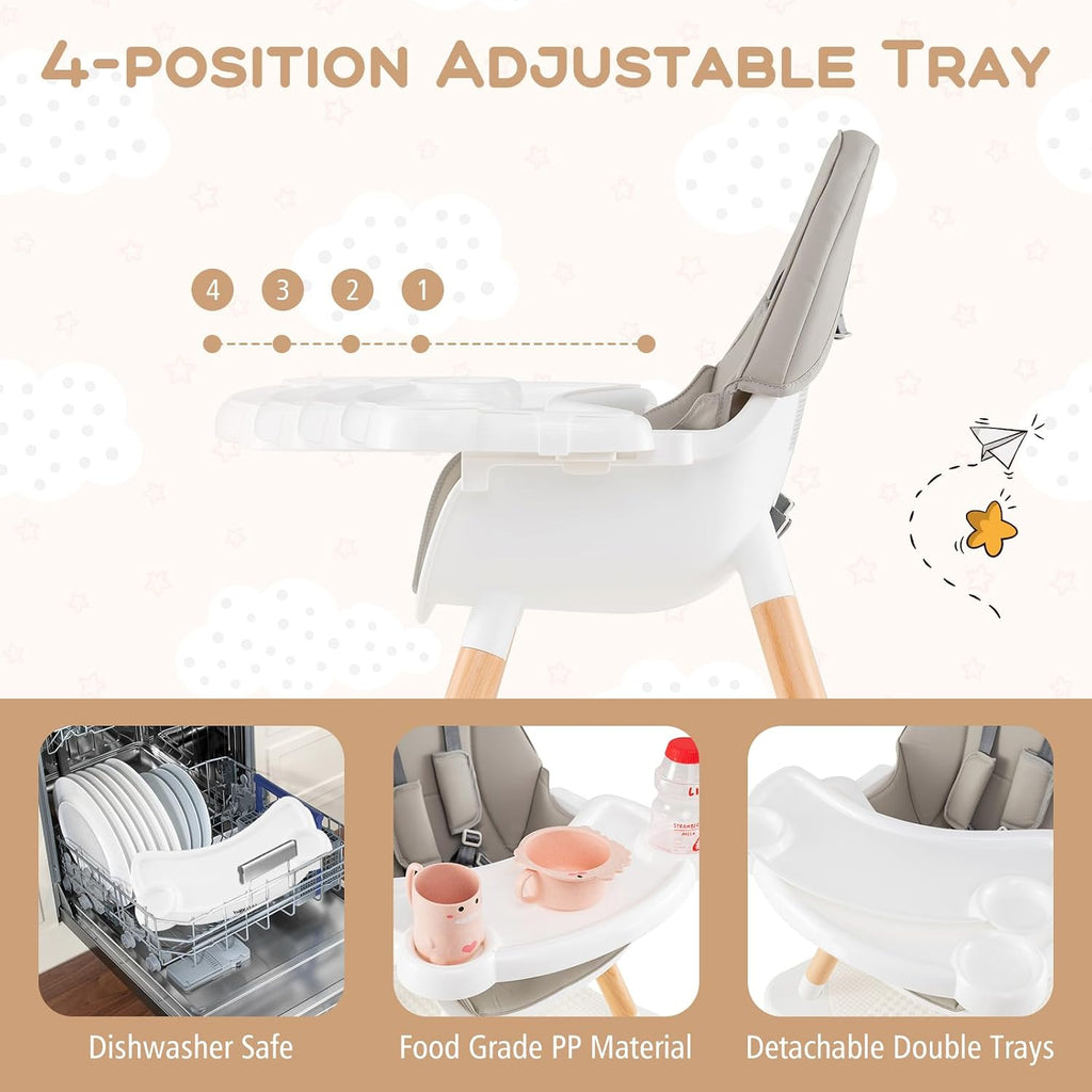 HONEY JOY Baby High Chair, 6-in-1 Convertible Wooden Highchair for Babies and Toddlers/Table Set/Toddler Chair with Safety Harness, 4-Position Removable Feeding Tray (Gray)
