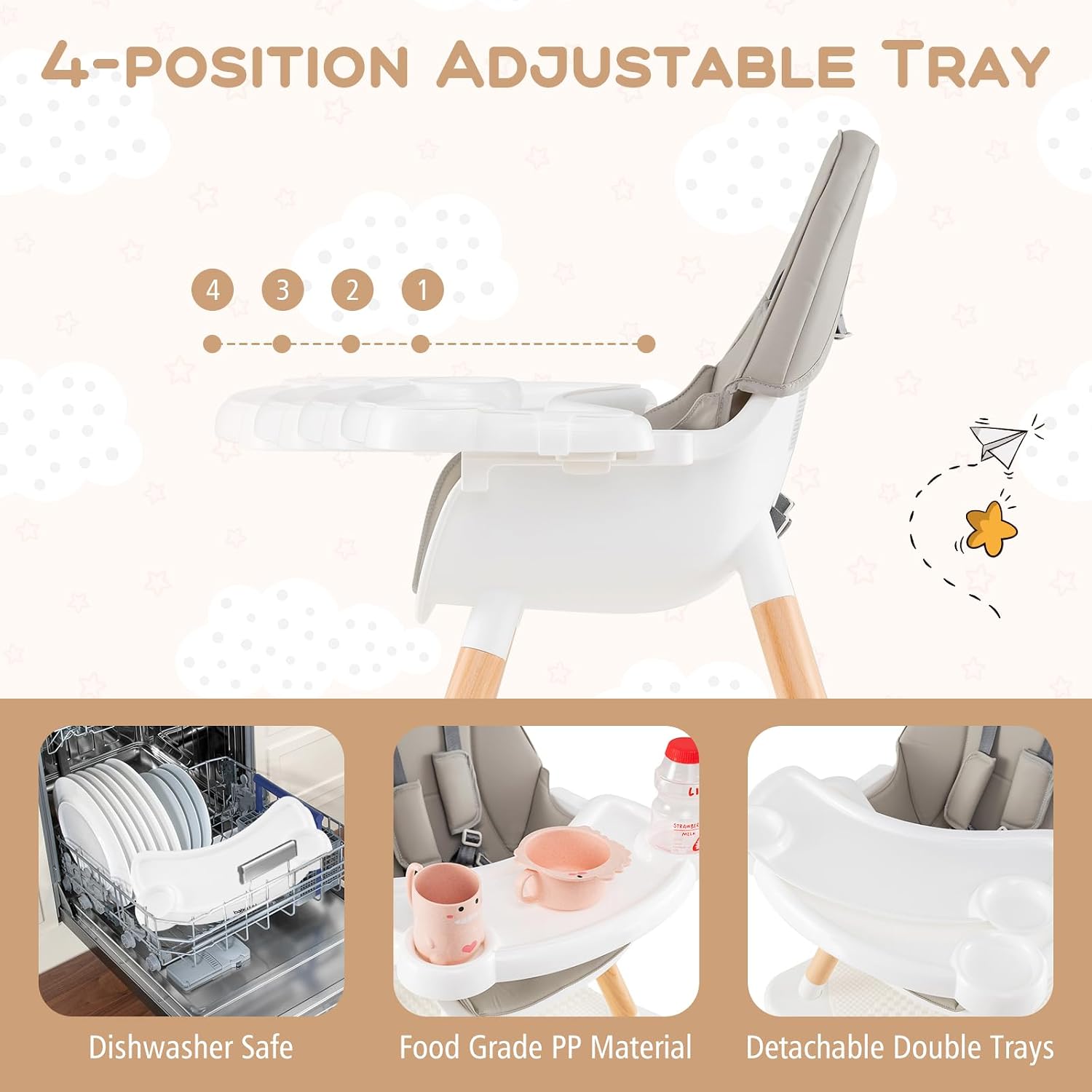 HONEY JOY Baby High Chair, 6-in-1 Convertible Wooden Highchair for Babies and Toddlers/Table Set/Toddler Chair with Safety Harness, 4-Position Removable Feeding Tray (Gray)