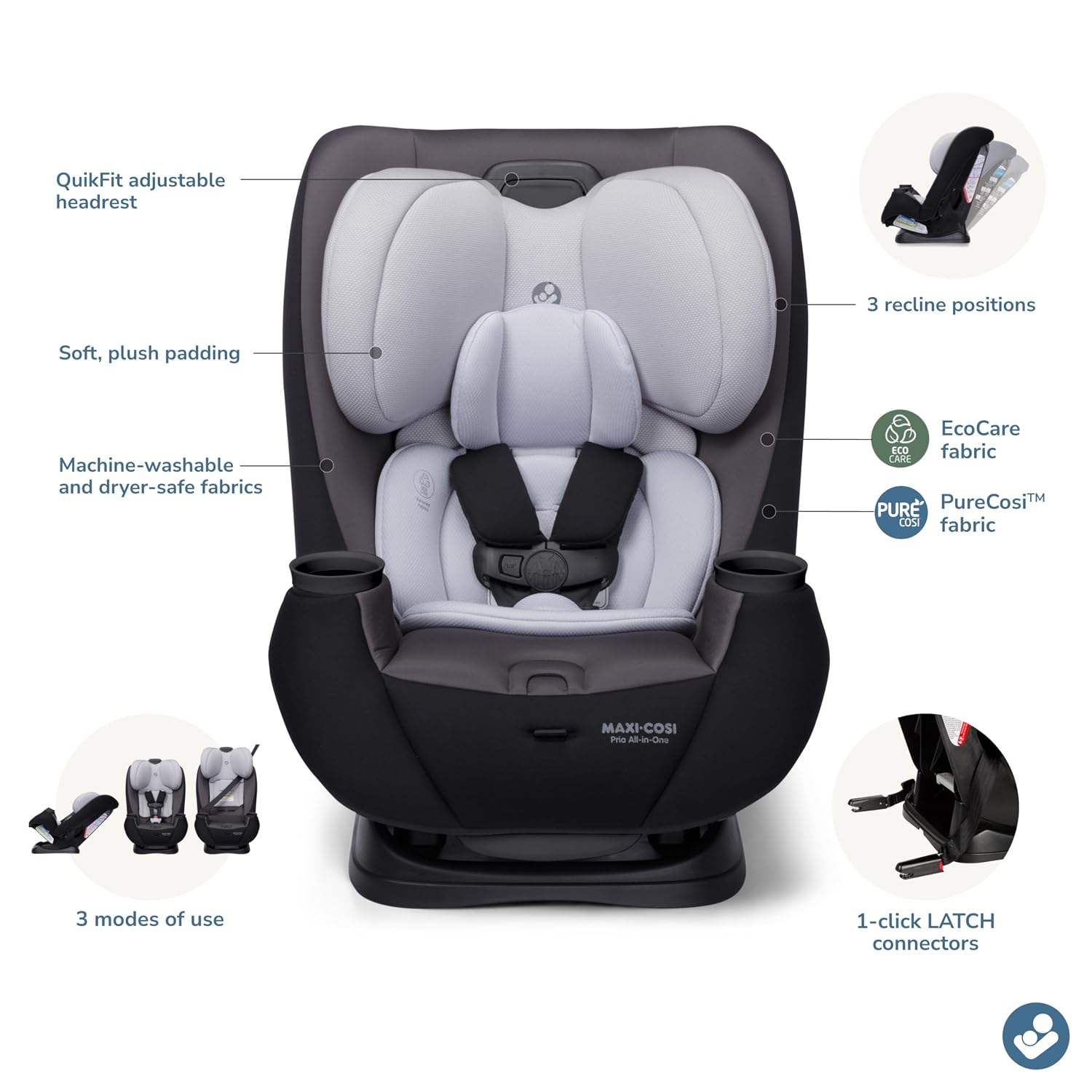 Maxi-Cosi Pria All-in-One Convertible Car Seat, Infant to Toddler Car Seat, Easy-Install Harness, Machine-Washable Cover, 5-100 lbs, Blackened Pearl