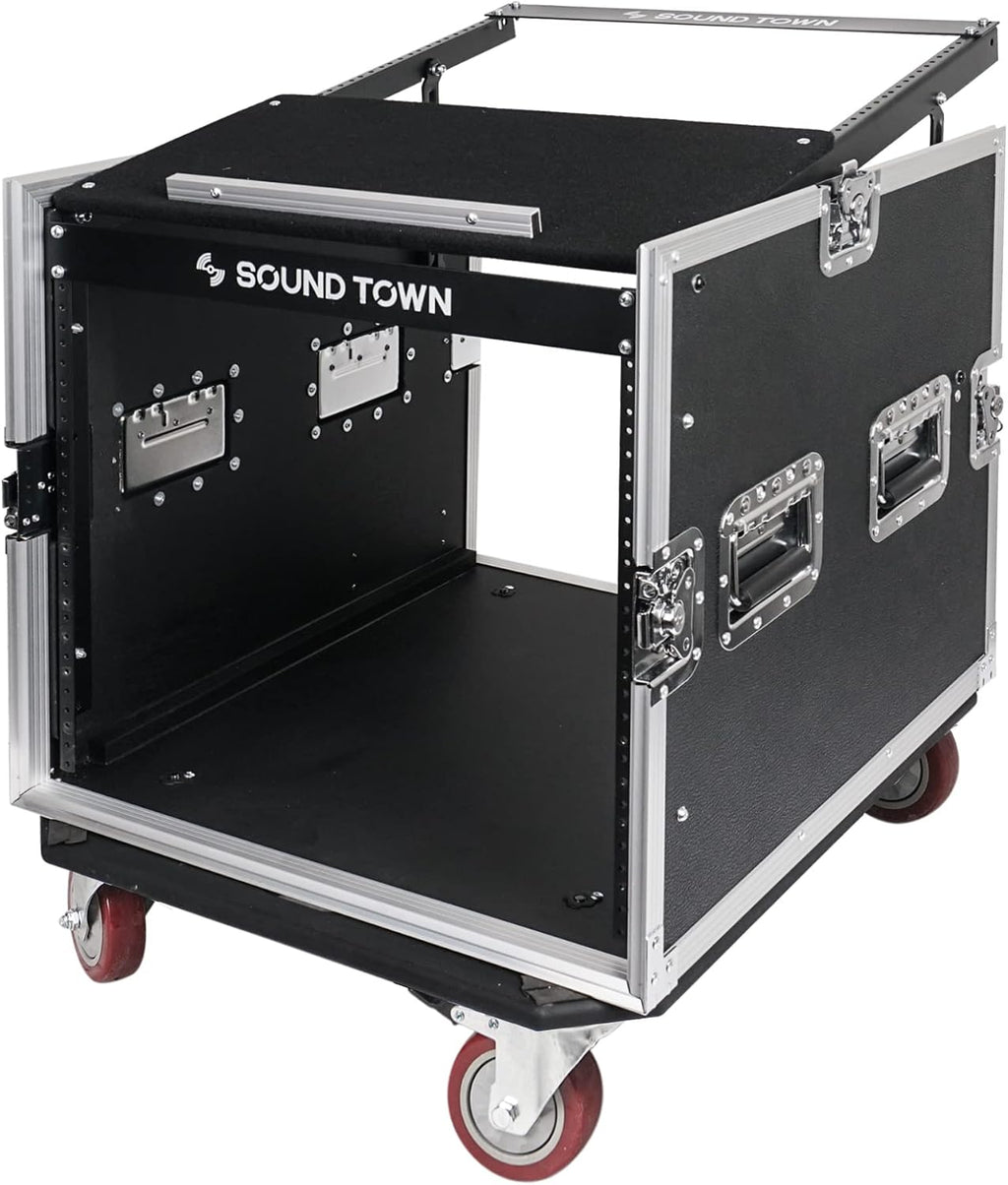 Sound Town Enhanced Thickness 1/2' (12mm) Plywood 10U Audio Rack/Road Case with 14U Slant Mixer Top, 25'' Rackable Depth and Casters-Pro Tour Grade (STMR-DE10UW)