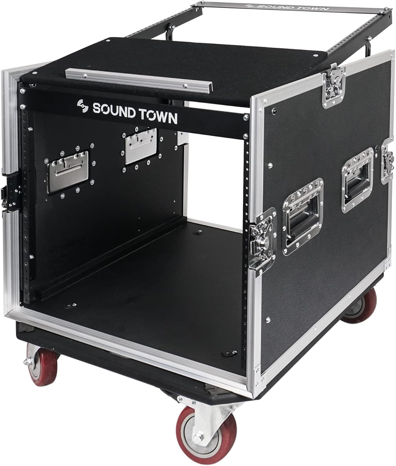 Sound Town Enhanced Thickness 1/2' (12mm) Plywood 10U Audio Rack/Road Case with 14U Slant Mixer Top, 25'' Rackable Depth and Casters-Pro Tour Grade (STMR-DE10UW)