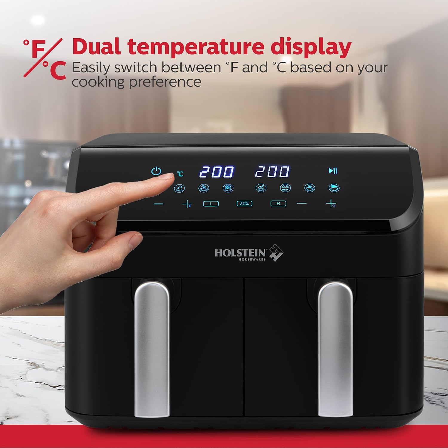 Holstein Housewares 9.5 QT Dual Basket Digital Air Fryer, Independent Controls - Non-Stick, Healthy Cooking with Less Oil, 8 Presets, Fry, Roast, Bake & Grill, LED Display & Dishwasher-Safe Parts