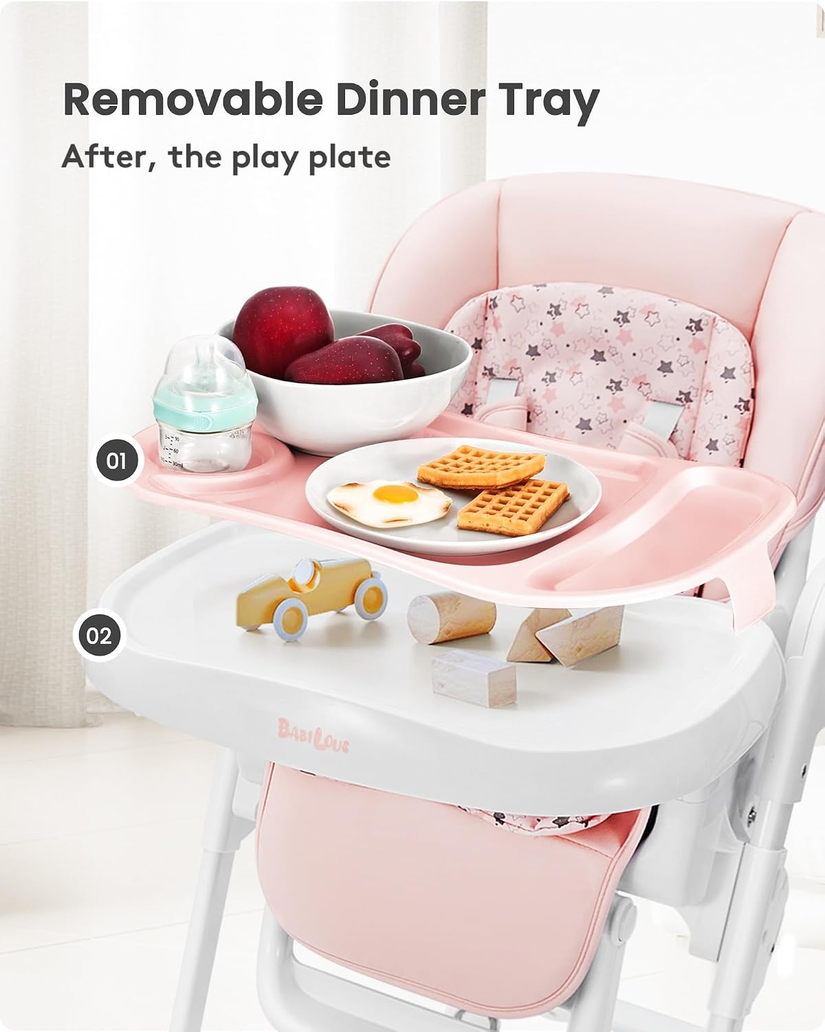 Babilous Foldable High Chair with Soft Cushion, High Chairs for Babies and Toddlers, Height Adjustable Feeding Chair, Adjustable Backrest and Footrest, Lockable Wheels, Star Pink