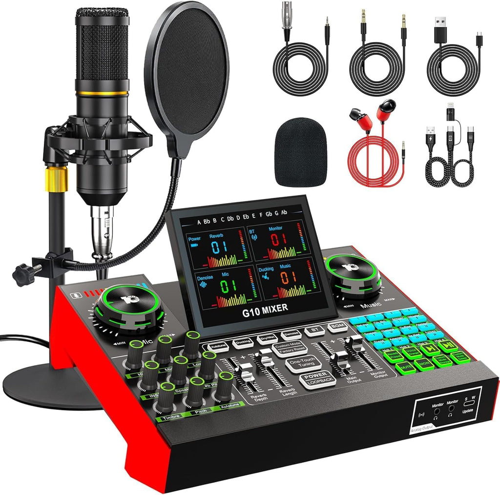 Podcast Microphone Bundle for Live Streaming, Sound Card Audio Interface Mixer w 3.5mm Condenser Mic for Broad Casting with Voice Changer Denoise, Podcast Equipment Bundle for PC/Phone Gaming Singing