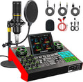 Podcast Microphone Bundle for Live Streaming, Sound Card Audio Interface Mixer w 3.5mm Condenser Mic for Broad Casting with Voice Changer Denoise, Podcast Equipment Bundle for PC/Phone Gaming Singing
