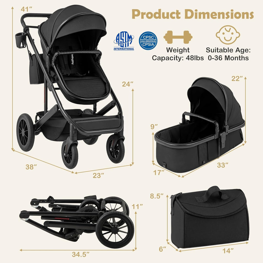 BABY JOY 2 in 1 Convertible Baby Stroller, High Landscape with Bassinet Mode, Reversible Seat, Adjustable Canopy, Cup Holder, Diaper Bag, Foldable Infant Newborn Pram Stroller for 0-36 Months (Black)