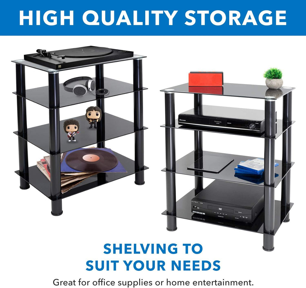 Mount-It! Tempered Glass AV Component Media Stand, Audio Tower and Media Center with 4 Shelves, 88 Lbs Capacity, Black Silk (MI-8670)