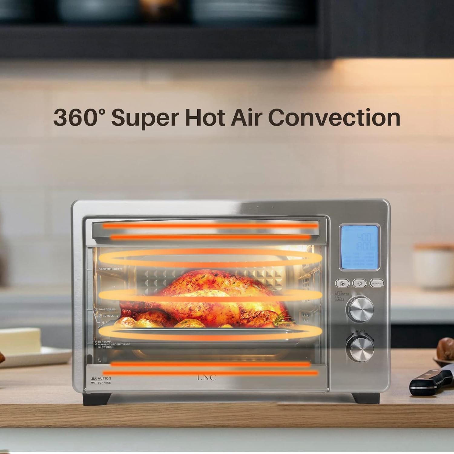 LNC Air Fryer Oven, 34QT Extra Large 1750W Toaster Air Fryer Combo, 12' Pizza Convection Oven Countertop, 12-in-1 with 4 Accessories, Stainless Steel, Silver
