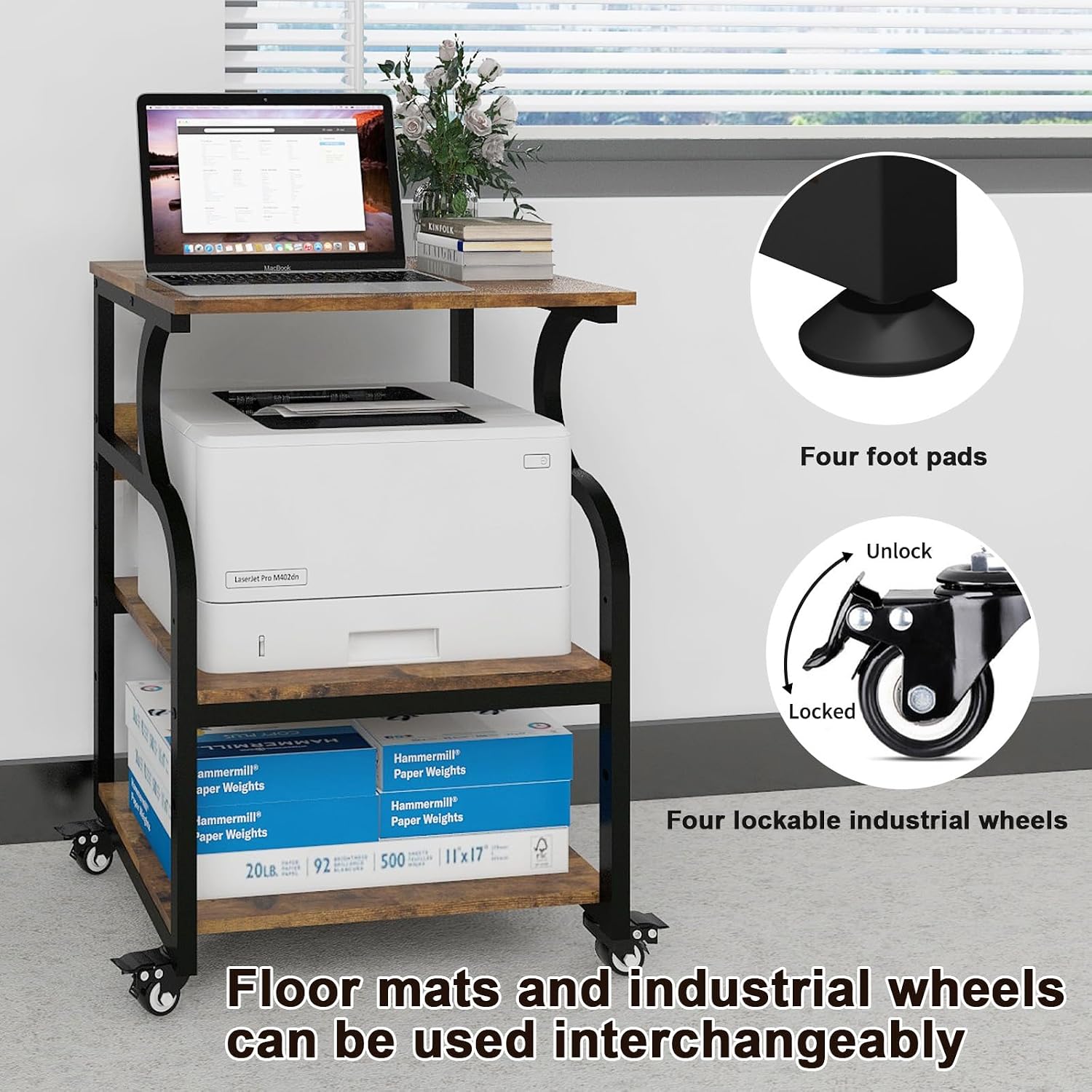 Natwind Large 3-Tier Rolling Printer Cart with Adjustable Shelf, 24'x20' Mobile Stand for Heat Press, 3D Printer, Home Office Multifunctional Shelves with Locking Wheels (Retro)