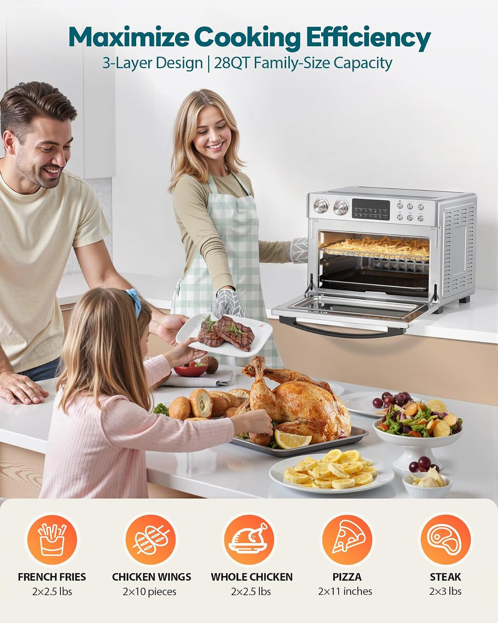 28QT Air Fryer Toaster Oven Combo, Large 12-in-1 Convection Countertop Oven with Next-Gen HeatWave Convection, 3-Layer Cooking, Rotisserie for Chicken, Fits 11' Pizza, All Accessories, Stainless Steel