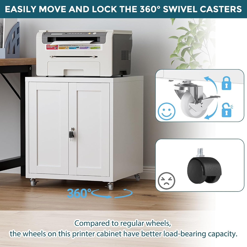Large Printer Stand with Storage and Lock, 3D Heavy-Duty Printer Cabinet, Printer Table for Home Office with Doors and Adjustable Shelves, for Office Copier and Fax Machine, White