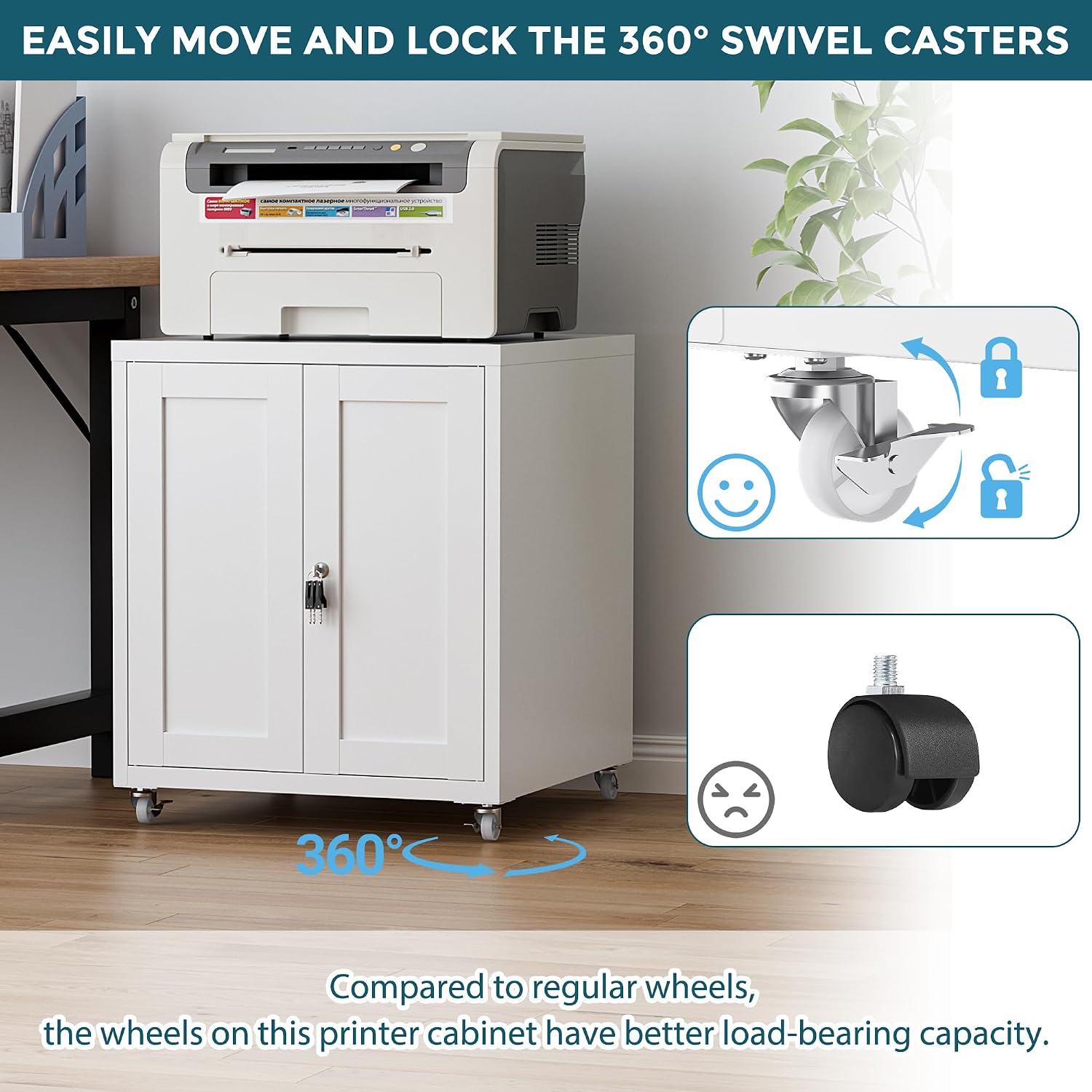 Large Printer Stand with Storage and Lock, 3D Heavy-Duty Printer Cabinet, Printer Table for Home Office with Doors and Adjustable Shelves, for Office Copier and Fax Machine, White