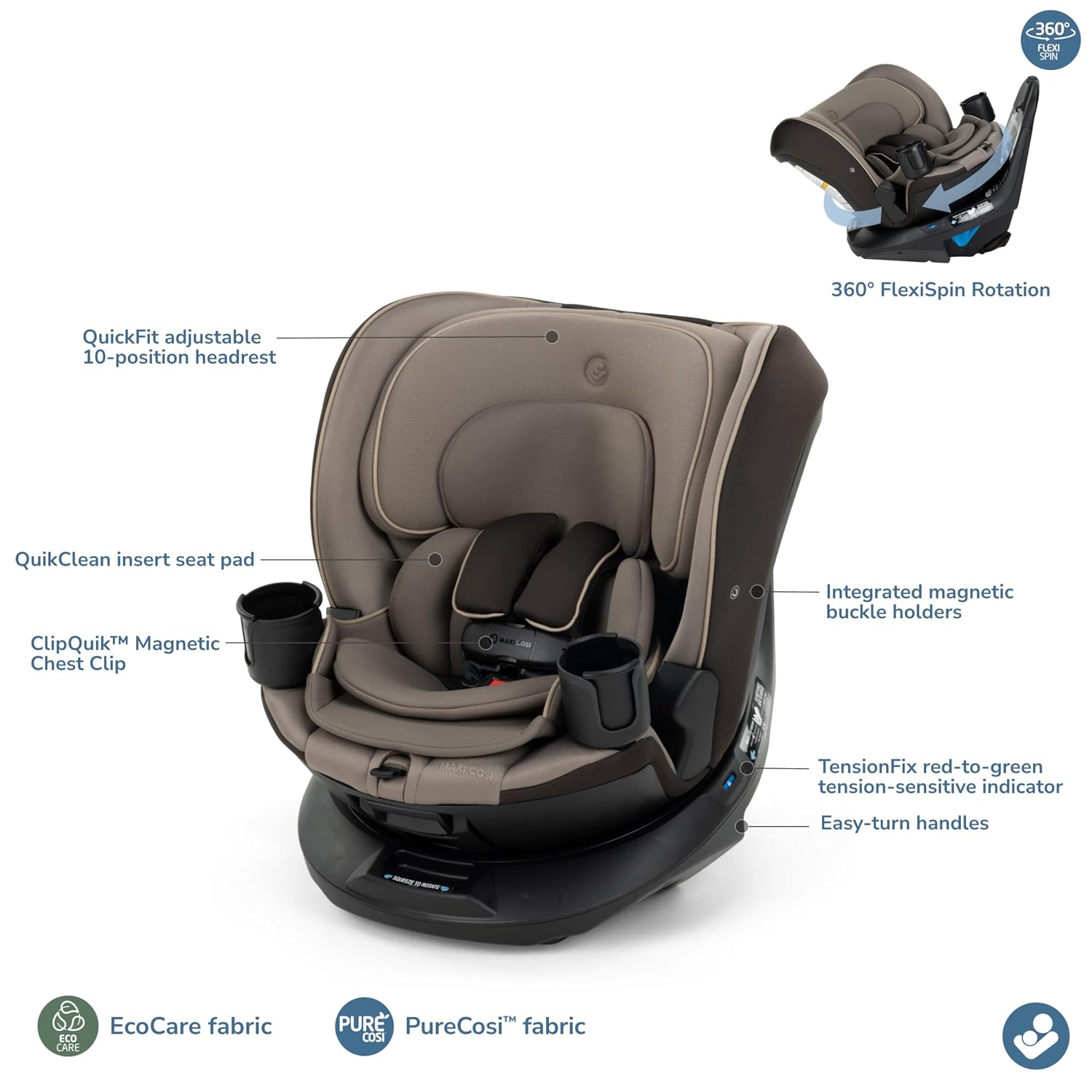 Maxi-Cosi Andi 360 Rotating All-in-One Baby Convertible Car Seat, Rear Facing, Forward Facing Infant Toddler Booster, Easy Rotation, Tension System, Harness Adjust, Truffle