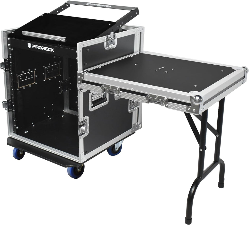 PRORECK 12U Rack/Road Case With Slant Mixer Top, One Side Table And Casters, 20'' Rackable Depth, Plywood, 12U Installation Size, Pro Stage Performance.
