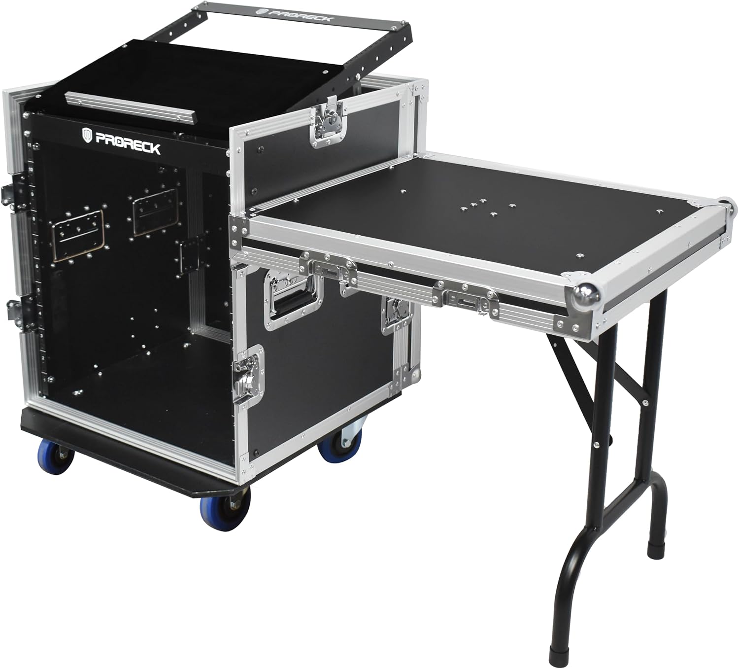 PRORECK 12U Rack/Road Case With Slant Mixer Top, One Side Table And Casters, 20'' Rackable Depth, Plywood, 12U Installation Size, Pro Stage Performance.