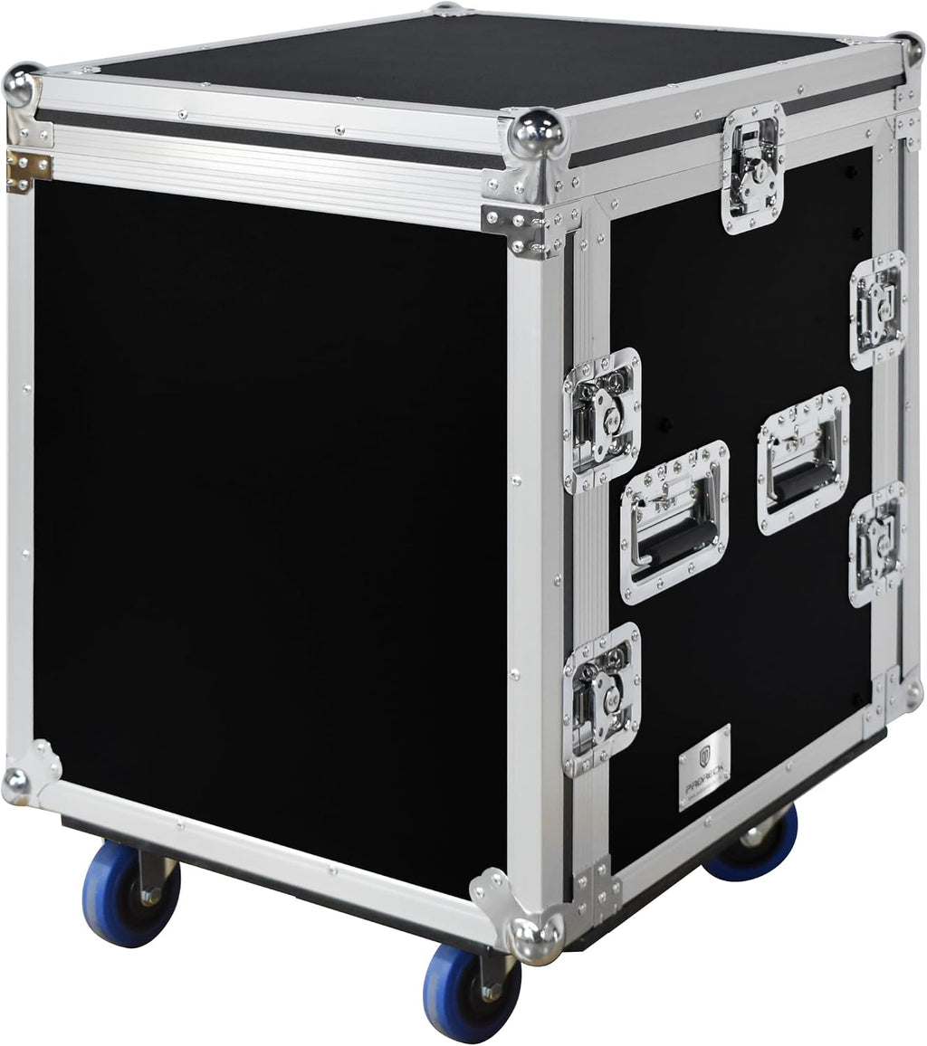 PRORECK 12U Rack/Road Case With Slant Mixer Top, One Side Table And Casters, 20'' Rackable Depth, Plywood, 12U Installation Size, Pro Stage Performance.