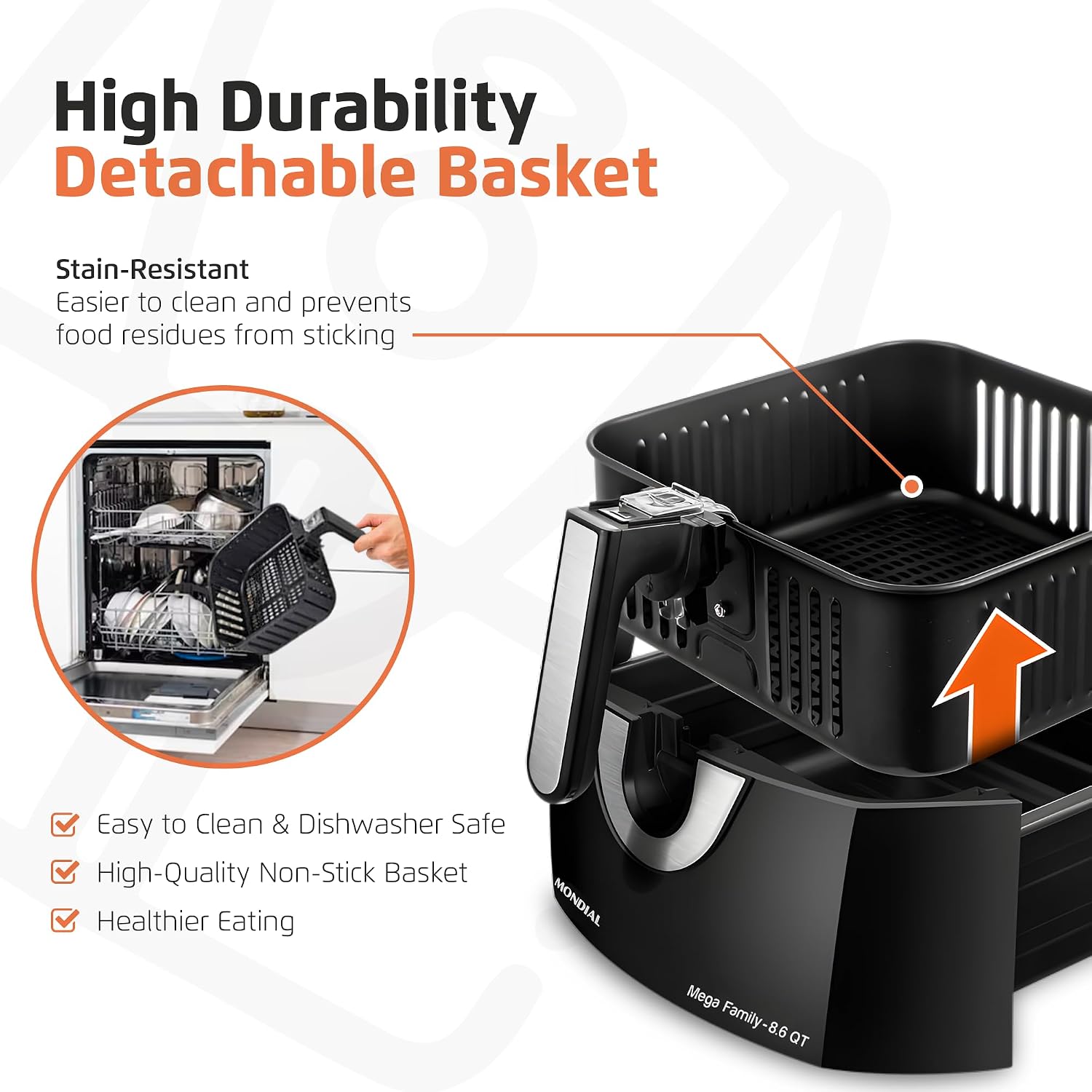 MONDIAL Air Fryer - 8.6 Quart Extra-Large Air Fryer, 2 Simple Dial Controls, 1800 Watts - Quick Heat Circulation Technology, Low Fat Cooking Less Calories - Removable Squared Basket - Black