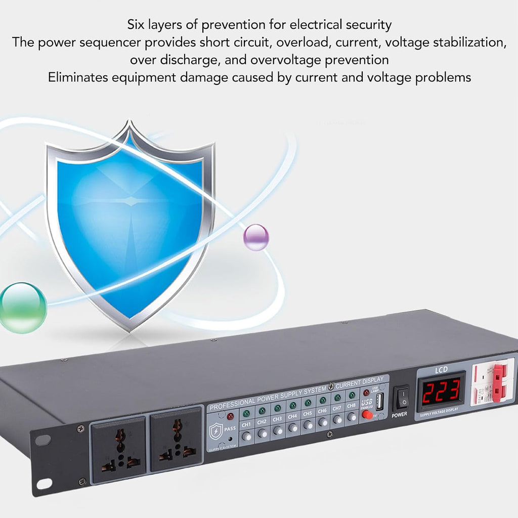 Power Sequencer Conditioner, 10 Channel Power Conditioner Surge Sequencer with Digital Voltage Display, Professional Power Sequence Controller for Stage Amplifier Speaker (US)