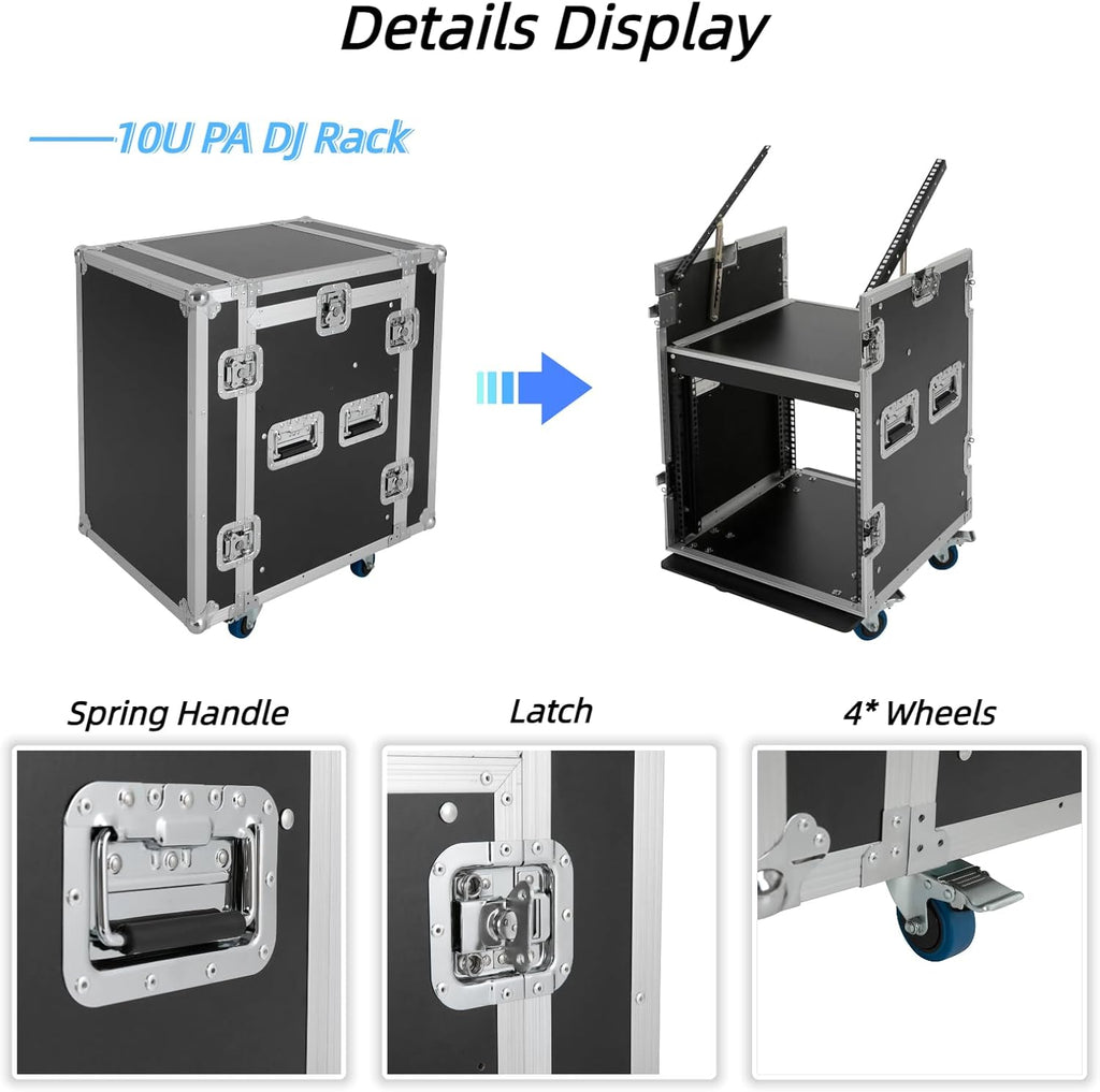 10U PA Server Rack Audio Rack Case 2 Tiers Studio Rack Mobile Flight Case Frame Server Rack DJ Table with Wheels DJ Equipment DJ Rack for Studios Theatres KTVs