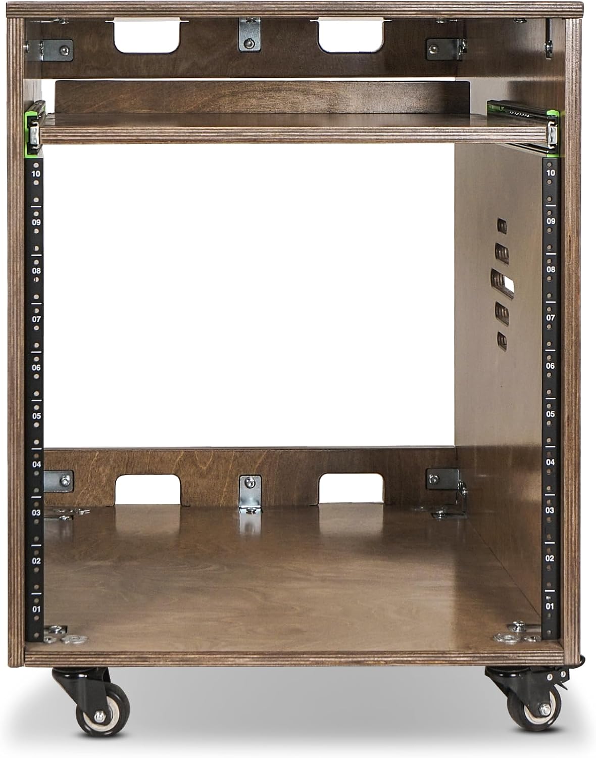 Sound Town 10U Solid Baltic Birch Plywood Studio Rack Desk with Slide-Out Tray, Rubber Feet, Casters, for Recording, Podcasts, Broadcasts, Streaming, Weathered Brown (SDRK-ST10B)