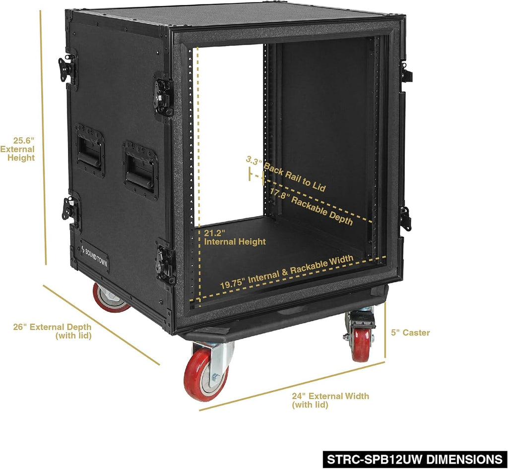 Sound Town Black Series Shock Mount 12U ATA Plywood Rack Case with 21' Rackable Depth, All-Black Anodized Hardware and Casters, Pro Tour Grade (STRC-SPB12UW)