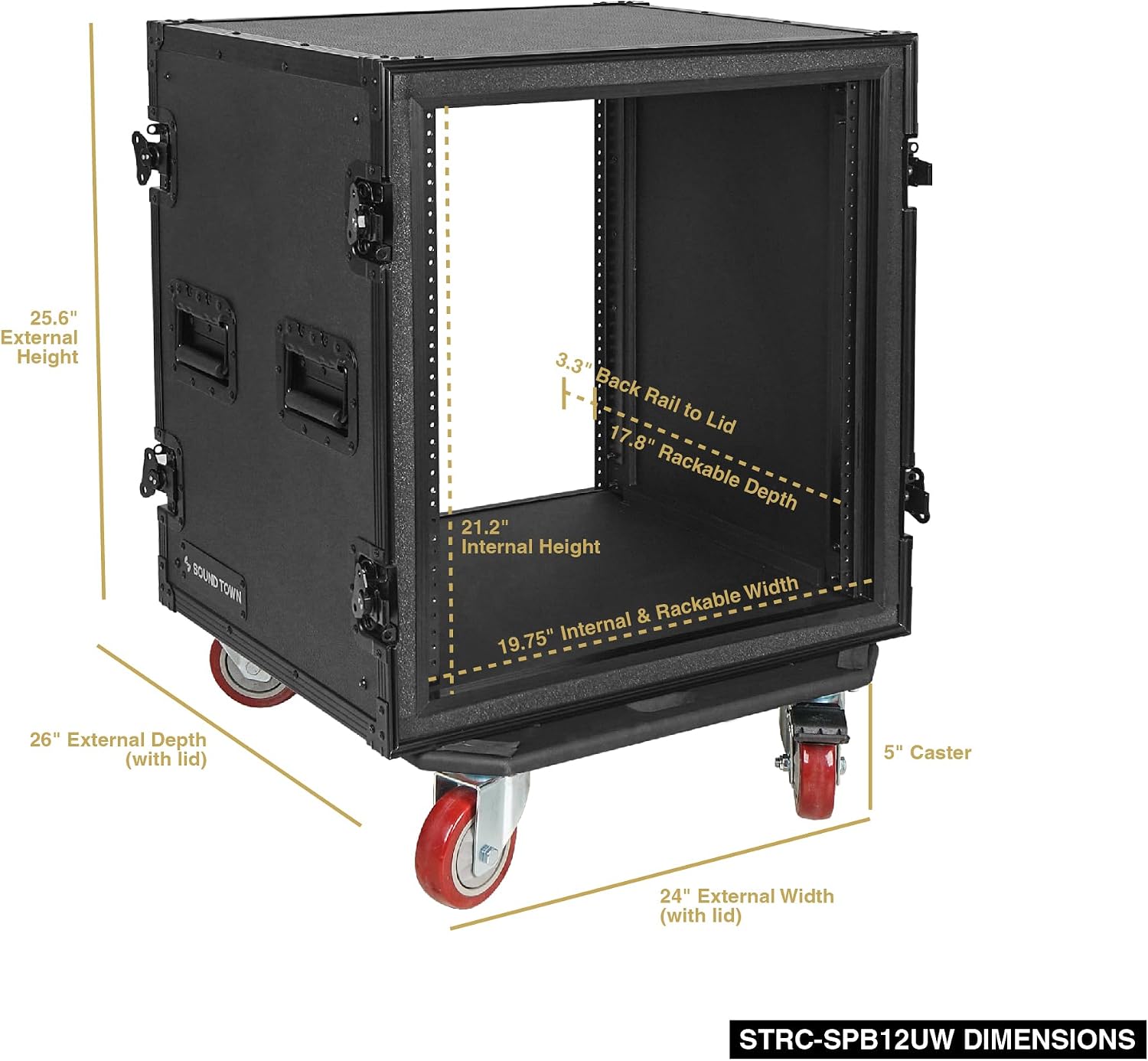 Sound Town Black Series Shock Mount 12U ATA Plywood Rack Case with 21' Rackable Depth, All-Black Anodized Hardware and Casters, Pro Tour Grade (STRC-SPB12UW)