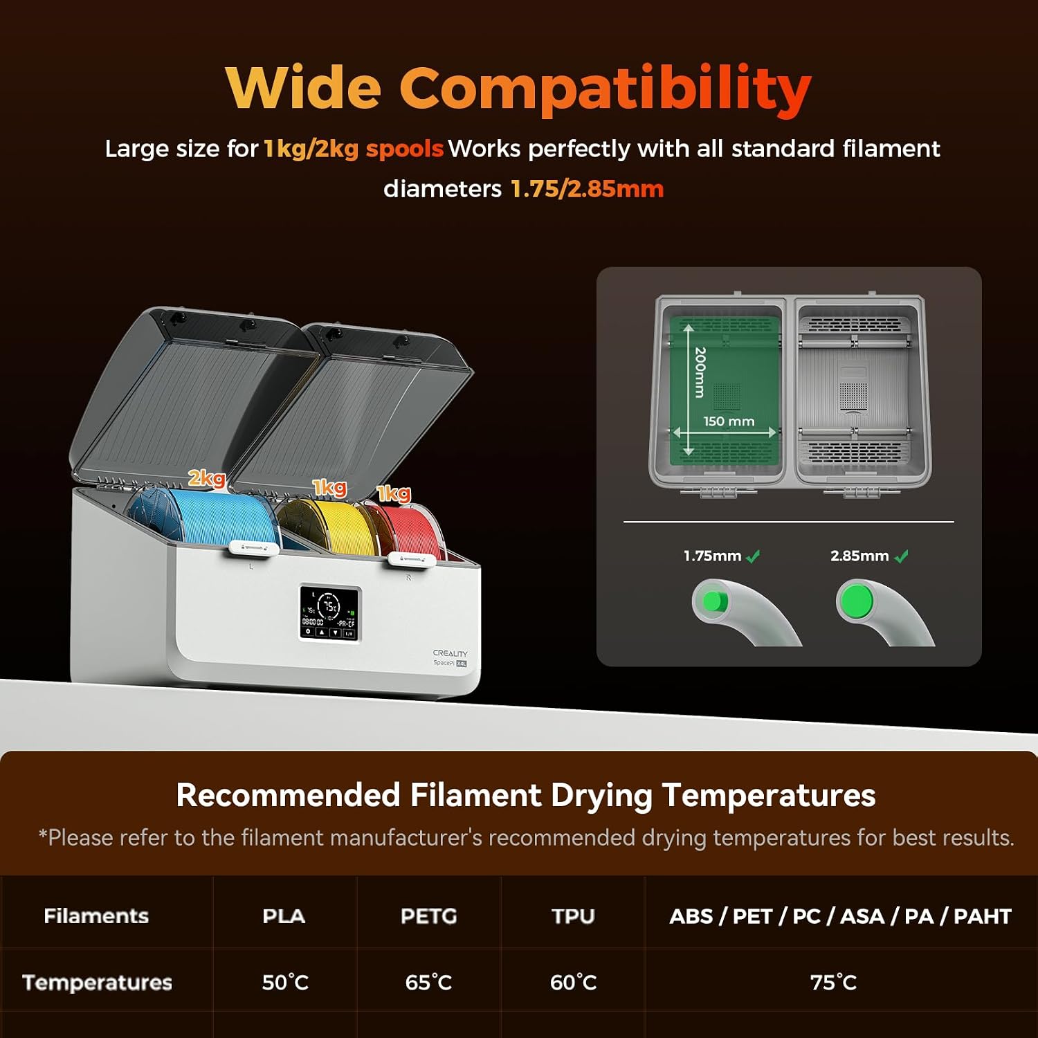 Creality Filament Dryer Box 4 Spool, SpacePi X4L 3D Printer Filament Storage Box, Dual Independent Heating Chambers, Rapid Heating Up to 75℃, Active Dehumidification, Fits PLA,PETG,ABS,TPU,Nylon,etc