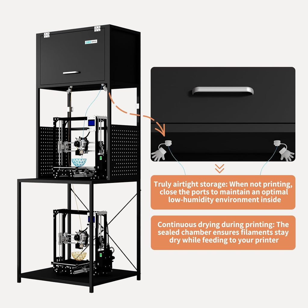 3D Printer Filament Storage Stand Rack with Dehumidifier| 3-Tier All-in-One Organizer with Tool Mounts, Dual Spool Holders | Compatible with Most 3D Printers (100LBlack)