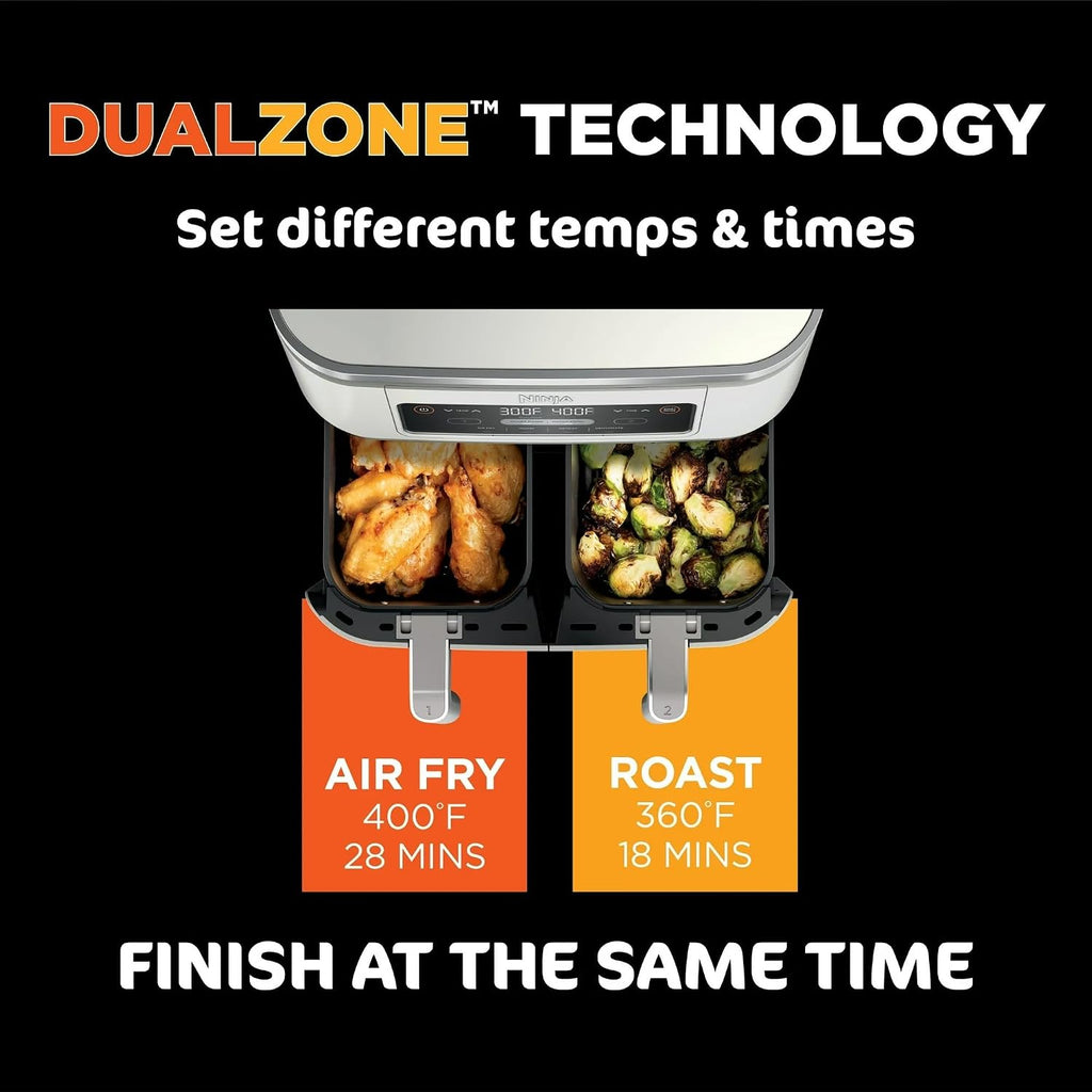 Ninja Foodi 4-in-1 8-qt. 2-Basket Air Fryer with DualZone Technology, 4 Functions, Smart Finish, Roast, Air Fry, Reheats, & Dehydrates, White, DZ100WH (Renewed)
