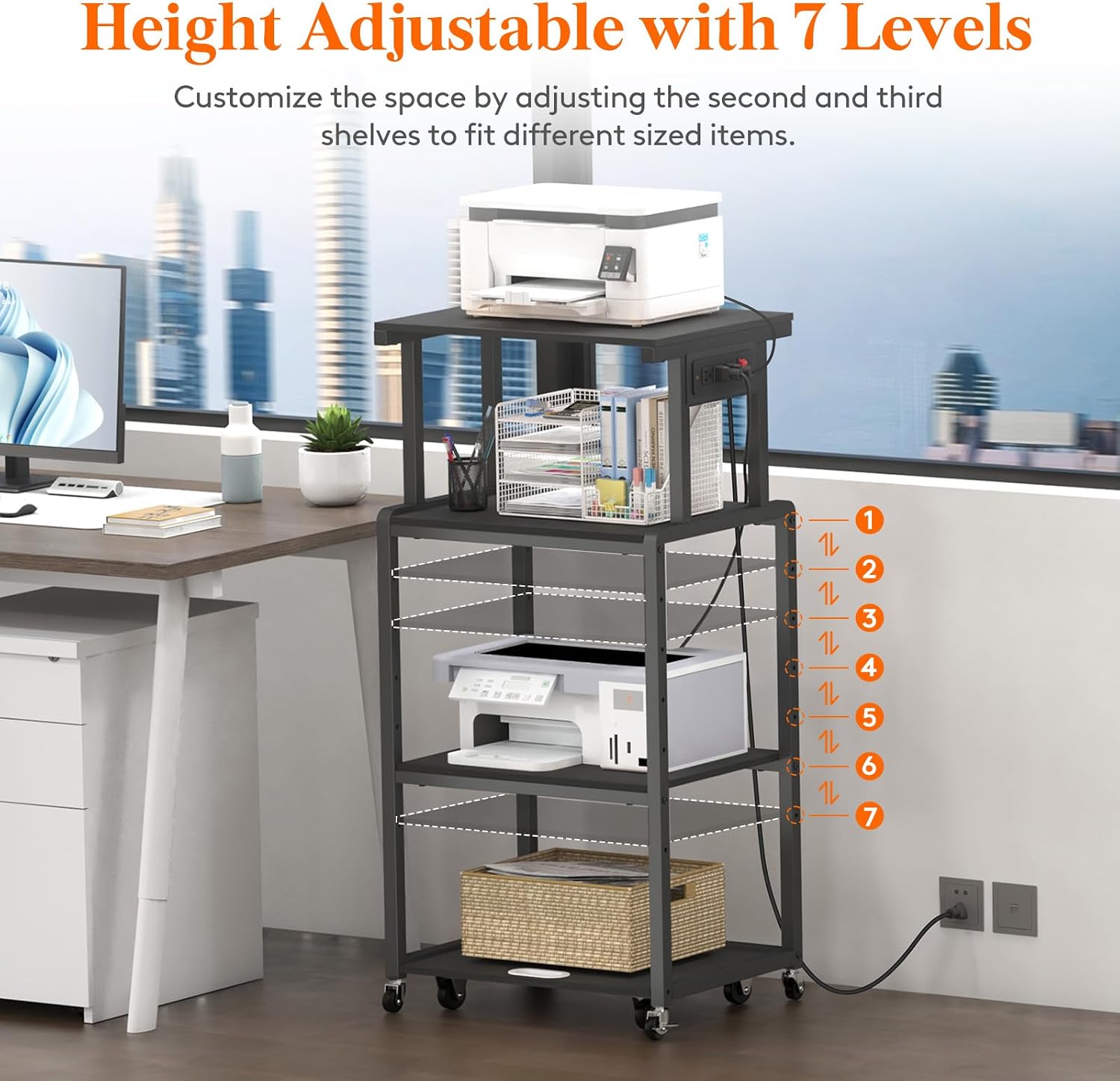 Lifewit 4 Tier Printer Stand with 3 Power Outlets, Wheels and Adjustable Storage Shelf for Home Office, Rolling Printer Cart for Shredder, Scanner, Fax, Hold 340lbs, Black
