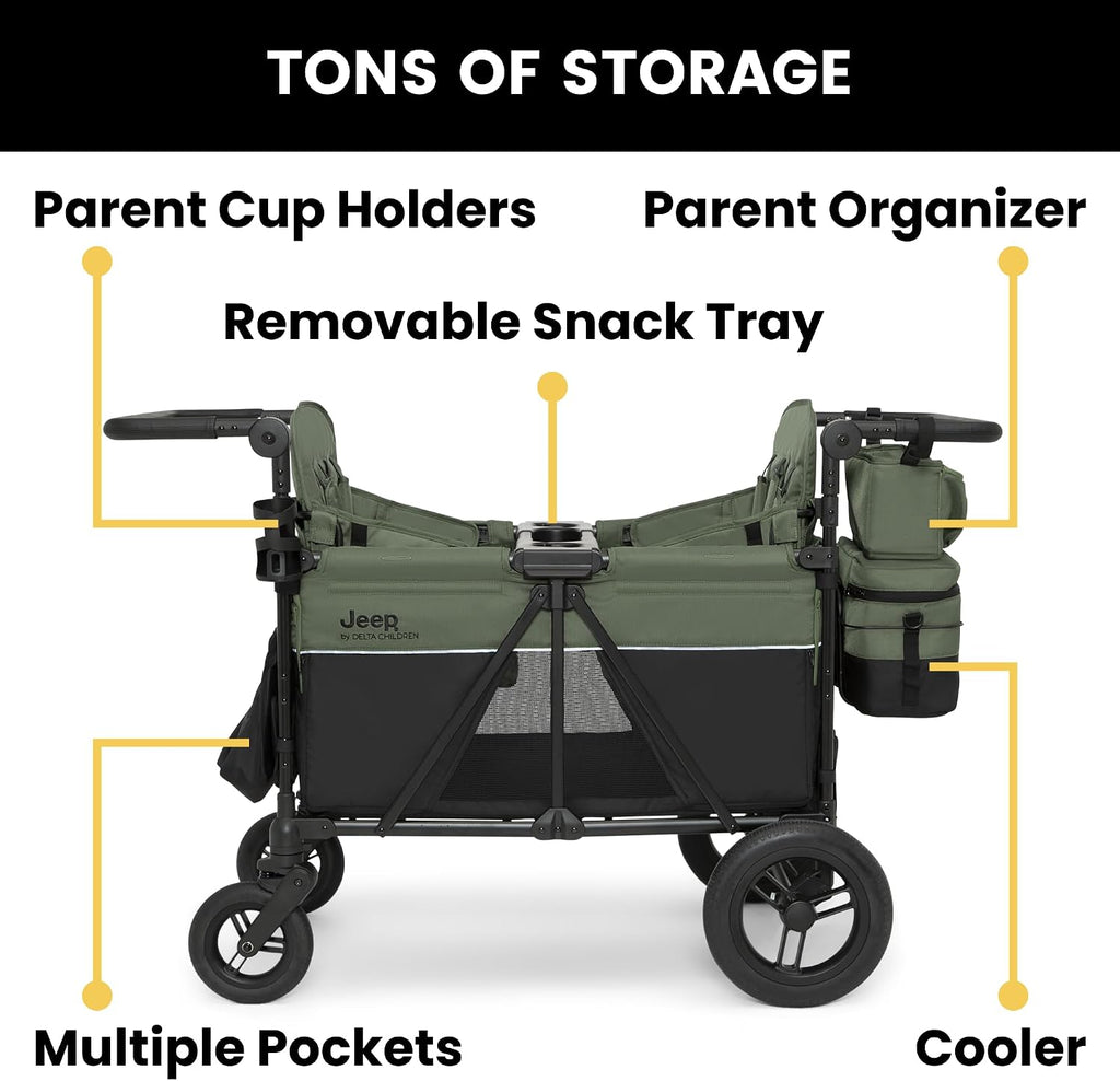 Delta Children - Jeep Wrangler Deluxe 4 Seater Stroller Wagon - Premium Quad Stroller Wagon for 4 Kids with Convertible Seats, Adjustable Push/Pull Handles, Removable Canopy & Flat Fold, Black/Green
