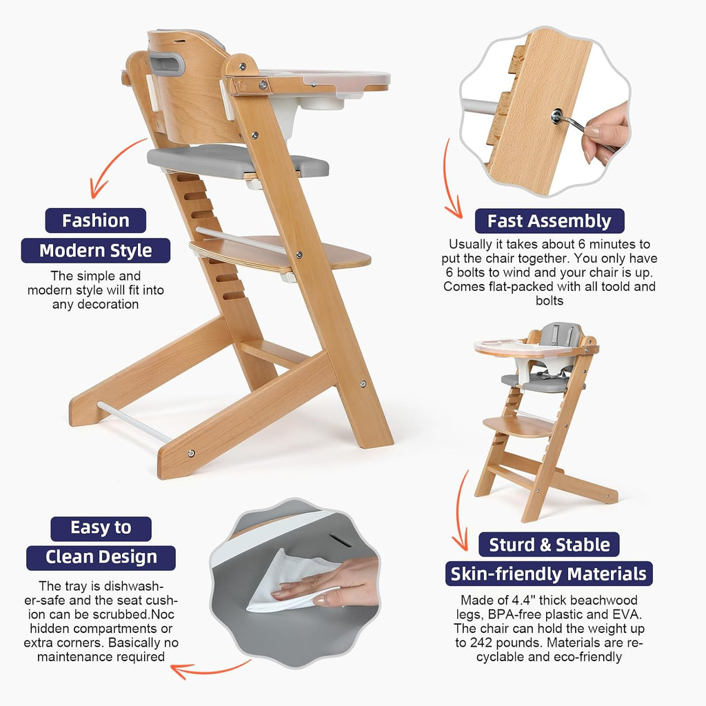 Cowiewie 3-in-1 Convertible Natural Wooden High Chair for Babies & Toddlers 3-Tier Remove & 2 Adjustable Wood Tray & 8 Levels Adjustable, 2 Waterproof Cozy Cushions Grey
