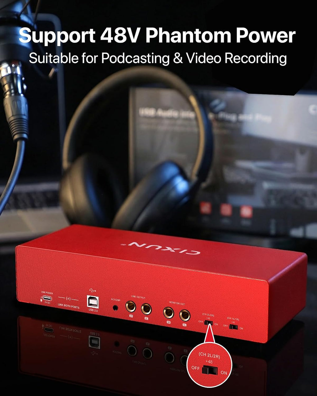 4x4 USB-C Audio Interface for PC & Mac - 24-bit/192kHz Studio Recording, 4 Combo Inputs (XLR/TRS), 4 TRS Outputs, 48V Phantom Power, FX Effects for Podcast/Streaming (Matte Red)