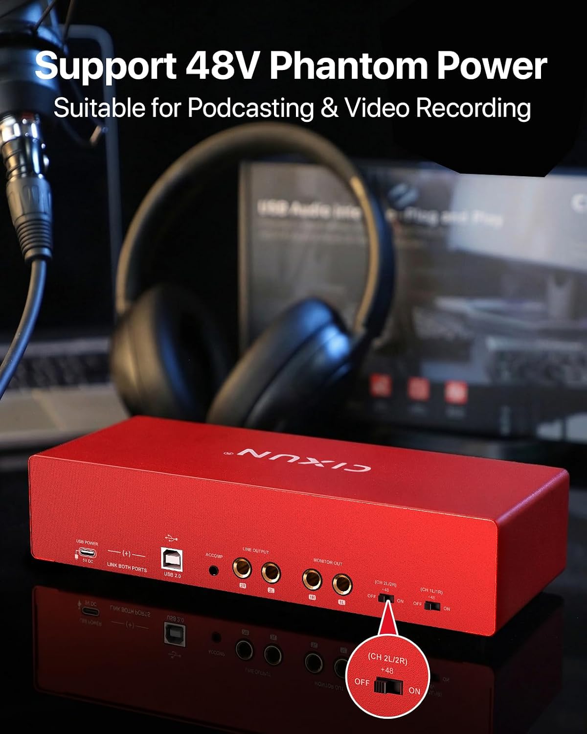 4x4 USB-C Audio Interface for PC & Mac - 24-bit/192kHz Studio Recording, 4 Combo Inputs (XLR/TRS), 4 TRS Outputs, 48V Phantom Power, FX Effects for Podcast/Streaming (Matte Red)