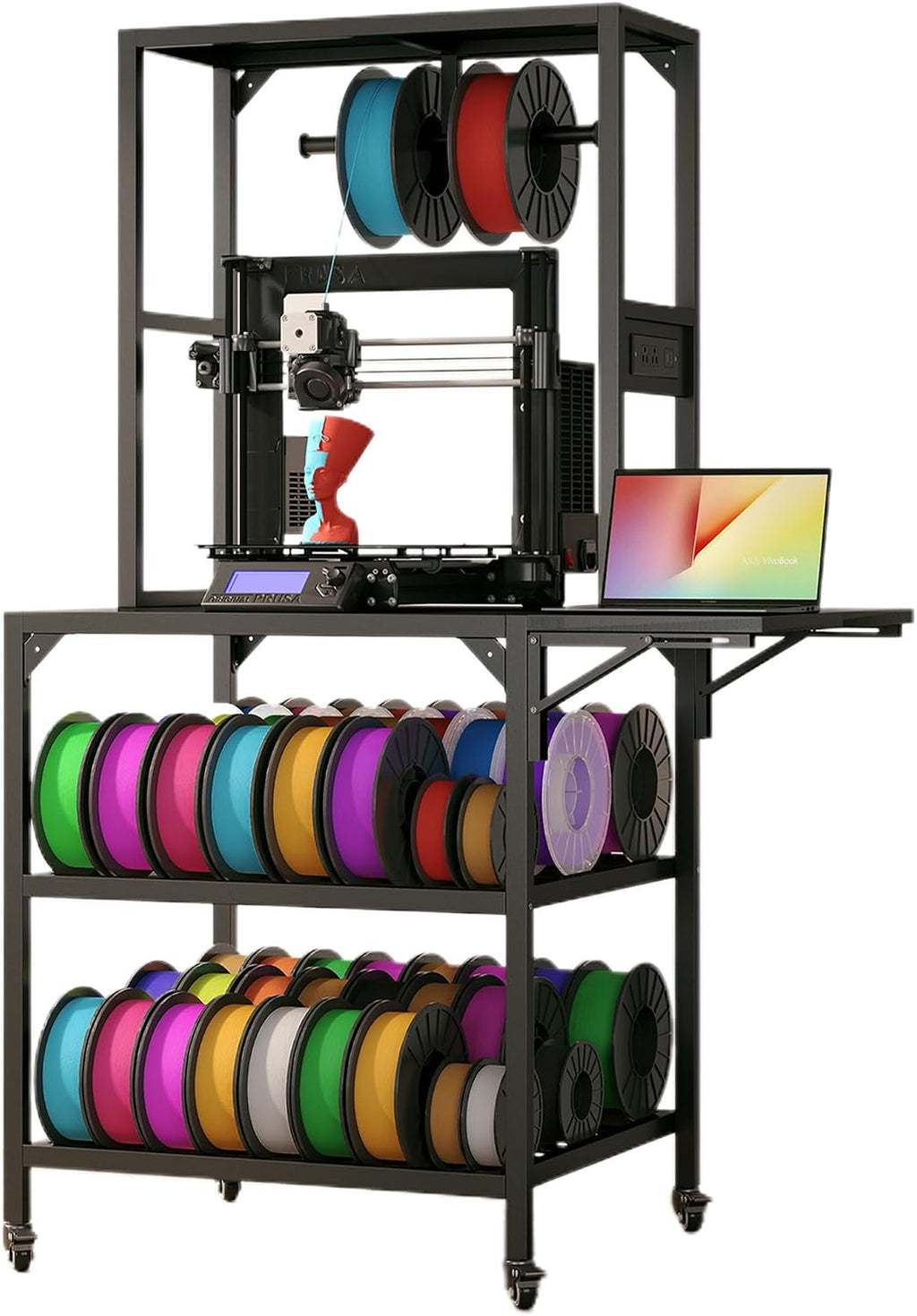 3D Printer Stand with Filaments Storage, 3D Printer Table Filament Storage Rack with Power Outlets Heavy Duty Printer Cart Desk for Workshop Studio Office