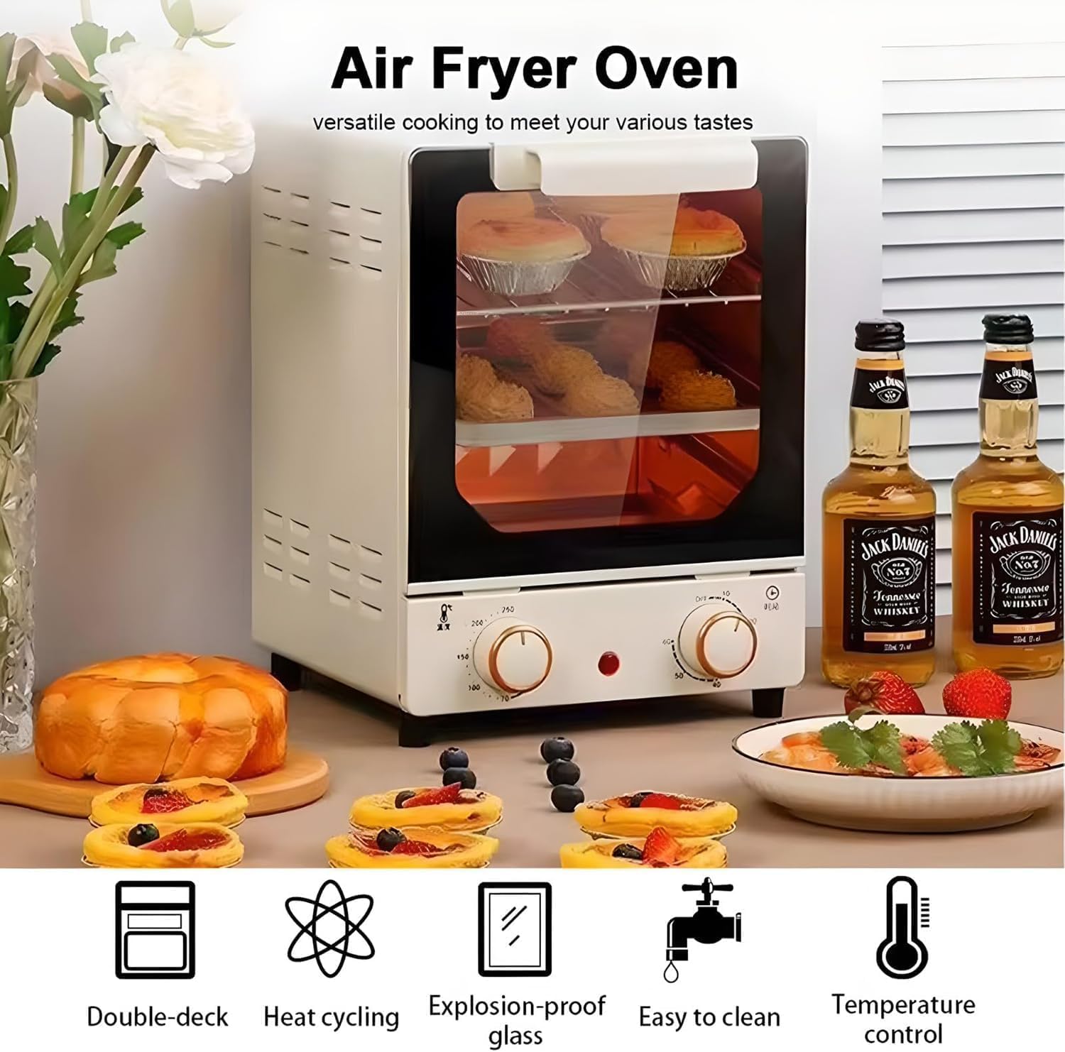 750W Countertop Mini Oven Air Fryer, 15L Electric Household Multi-function Oven with Adjustable Temperature and Timer, Air Fryer Toaster Oven Combo 360° Hot Air Circulation