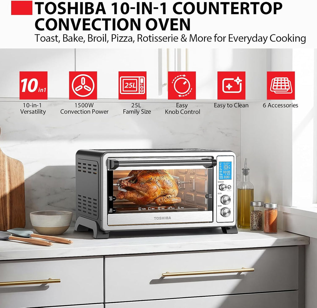TOSHIBA 10-in-1 Convection Toaster Oven, 6-Slice Countertop Oven, 1500W with Toast, Bake, Broil, Rotisserie & Pizza Functions, LCD Knob Controls, 6 Accessories, Stainless Steel