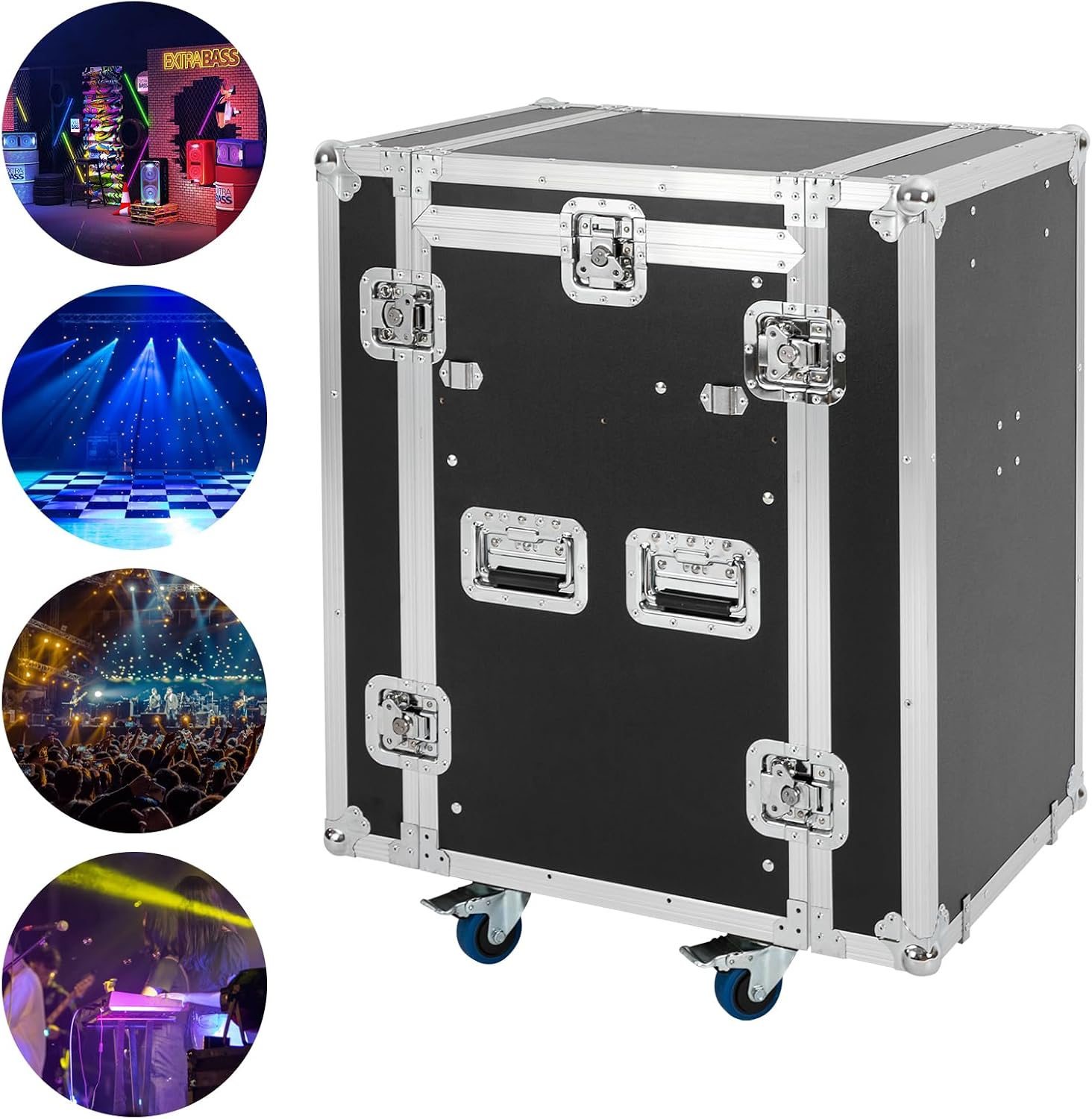 12U Mobile PA DJ Rack/Road Case, Network & Stereo Rack with DJ Mixer Tops, Heavy-Duty 2-Tier Studio Equipment Cabinet with 4 Wheels, Amplifier Mixer Storage Stand for Live Sound, KTV, Home Theater
