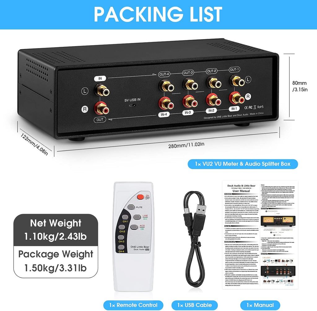 Douk Audio VU2 MIC & Line Dual VU Meter, Analog Sound Level Indicator, 4-Way Splitter Switch, Audio Switcher Box for Speaker/Amplifier/Preamp (Blue Version)
