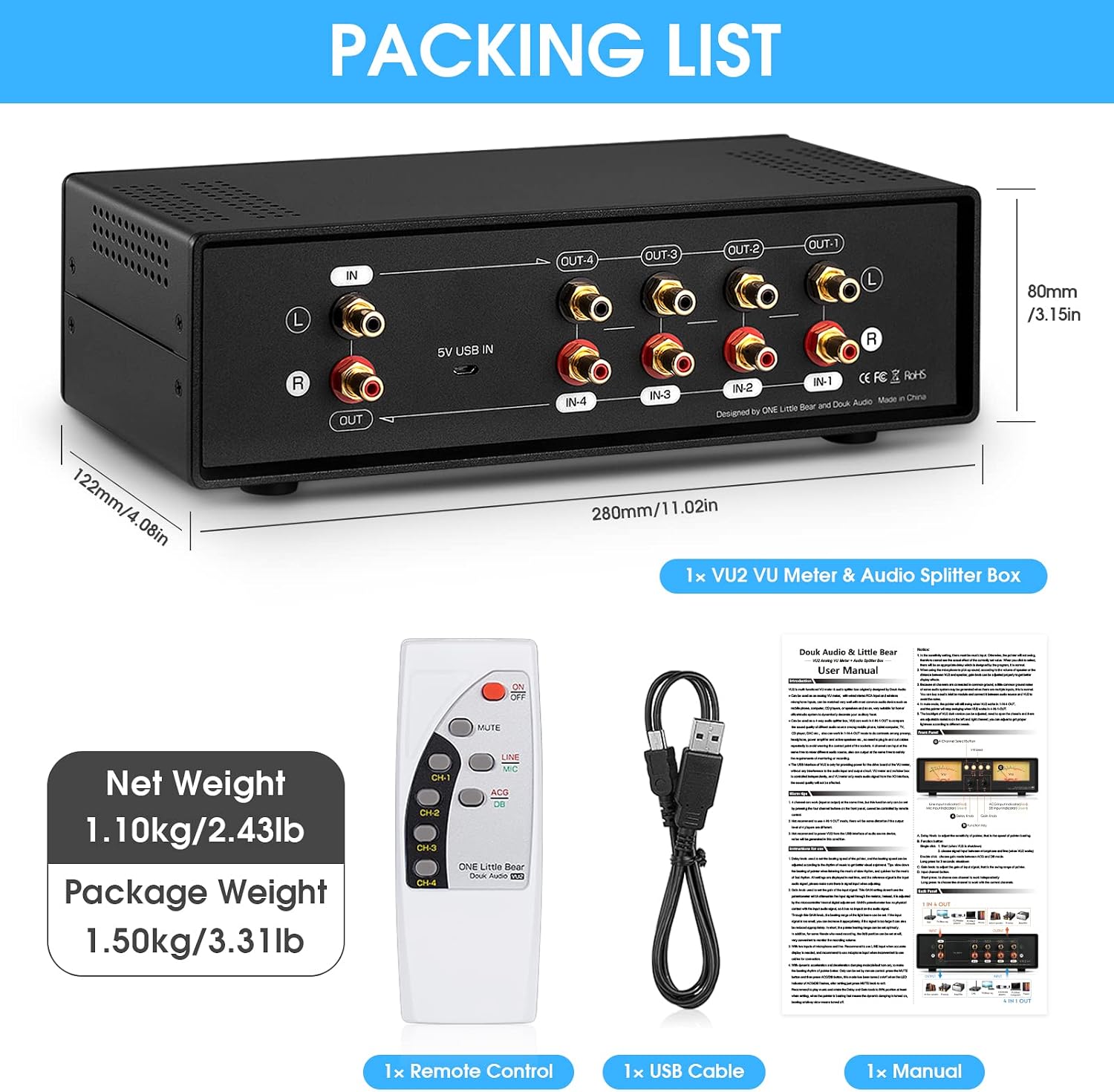 Douk Audio VU2 MIC & Line Dual VU Meter, Analog Sound Level Indicator, 4-Way Splitter Switch, Audio Switcher Box for Speaker/Amplifier/Preamp (Blue Version)