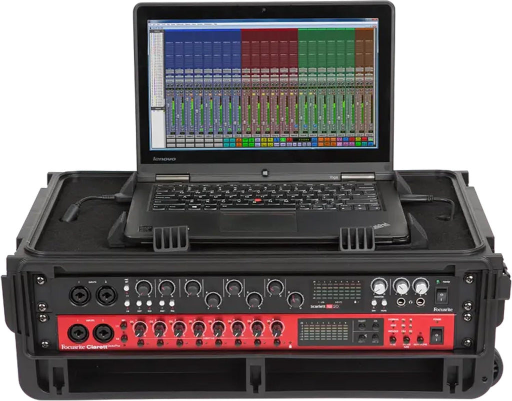 SKB Studio Flyer Rack Case - 2U Waterproof Carry-on with Laptop Surface, Molded Rack Rails, Rubber Cleats and Quiet Wheels, Ideal for Musicians, Black