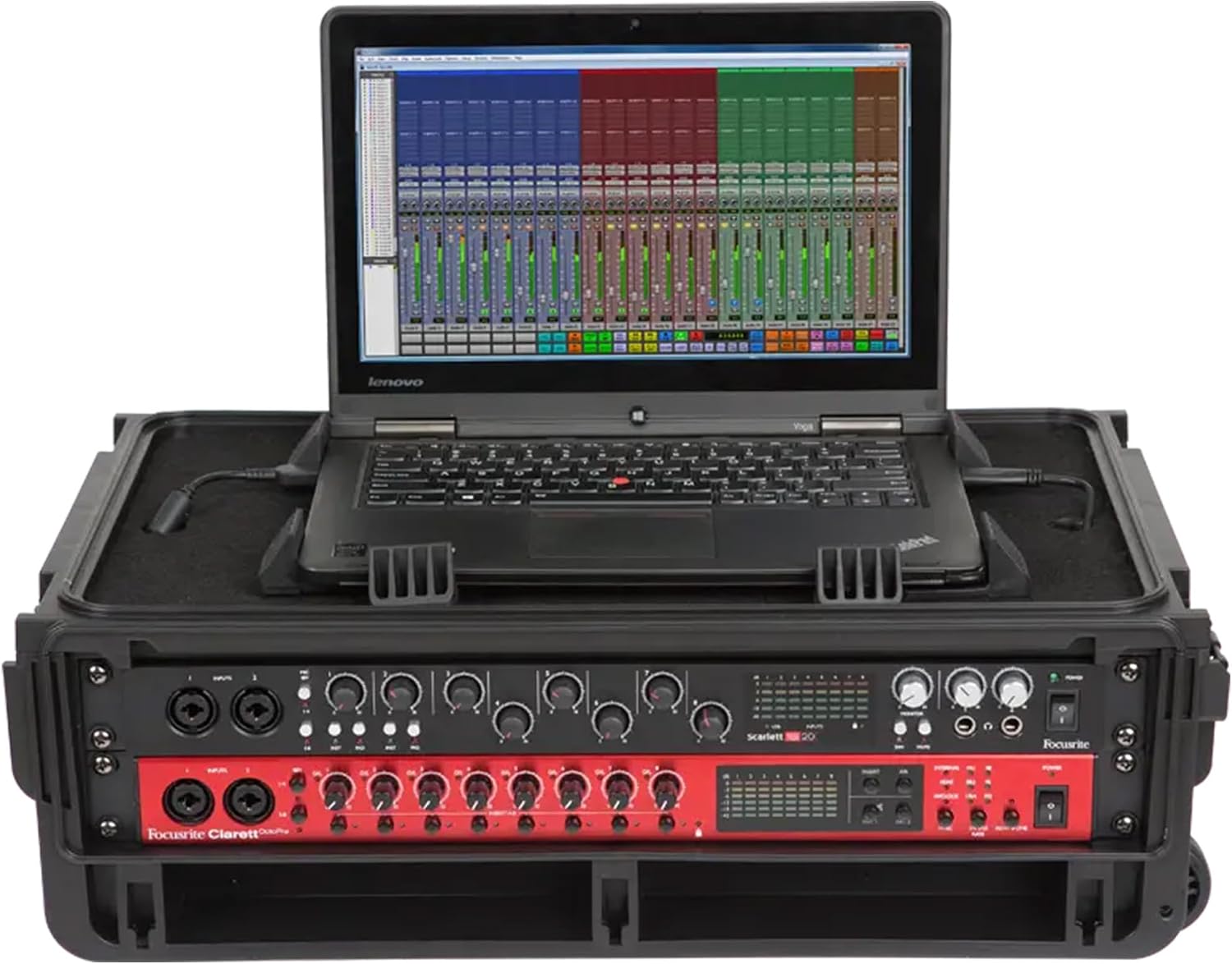 SKB Studio Flyer Rack Case - 2U Waterproof Carry-on with Laptop Surface, Molded Rack Rails, Rubber Cleats and Quiet Wheels, Ideal for Musicians, Black