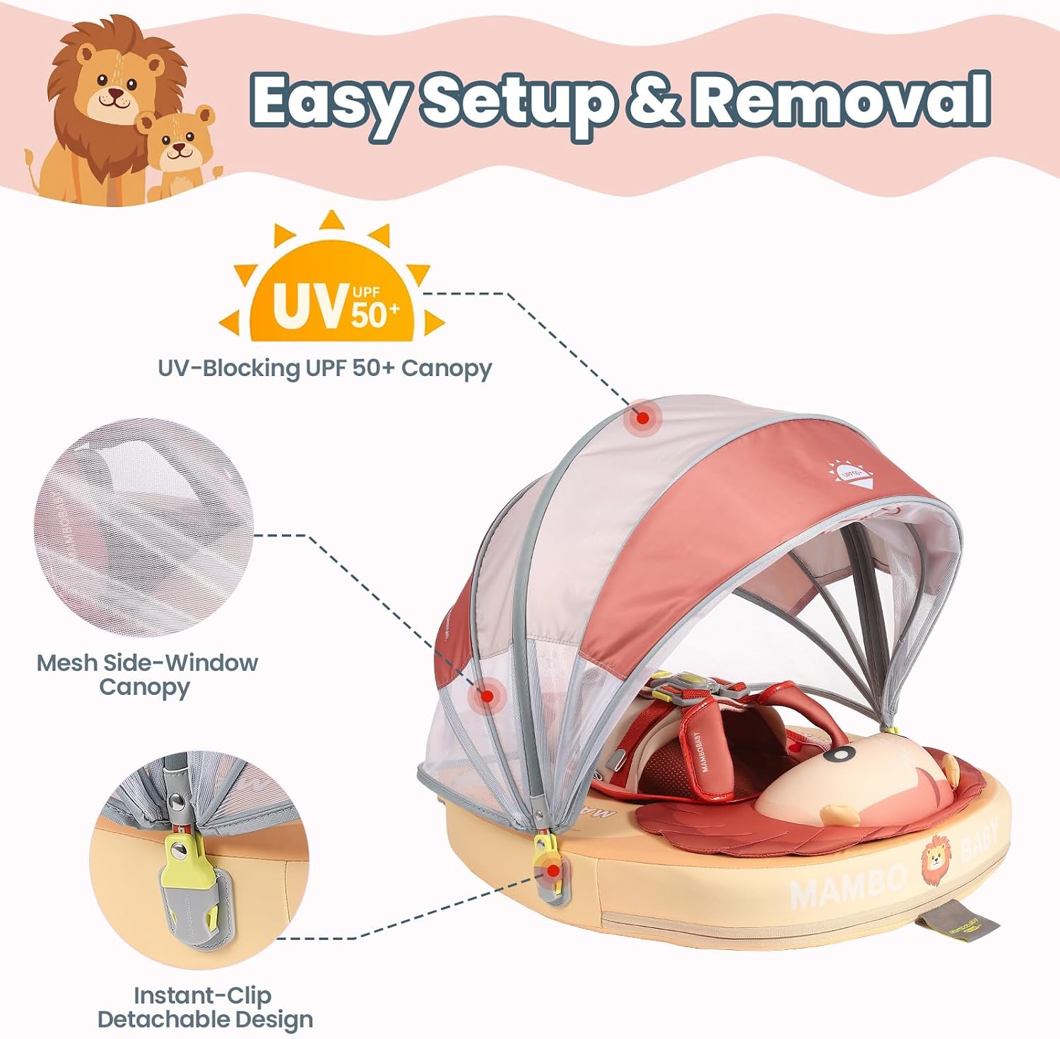 Mambobaby Float Deluxe Baby Pool Float: Safe & Comfortable Swim Trainer for Infants & Toddlers, Non-Inflatable Design, UV Protection Canopy, Fun Water Experience for Ages 3-24 Months