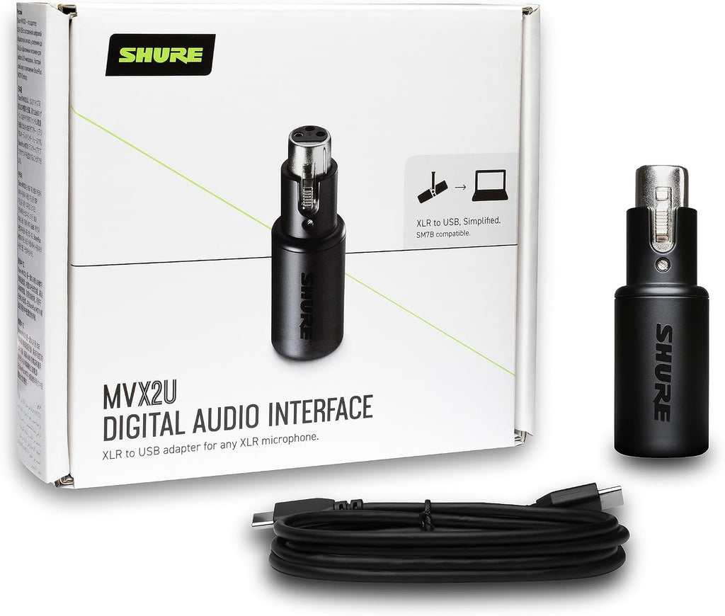 Shure MVX2U XLR-to-USB Digital Audio Interface, Headphone Jack, 60dB Gain, Zero-Latency Monitoring, 48V Phantom Power, ShurePlus App, USB-C Cable