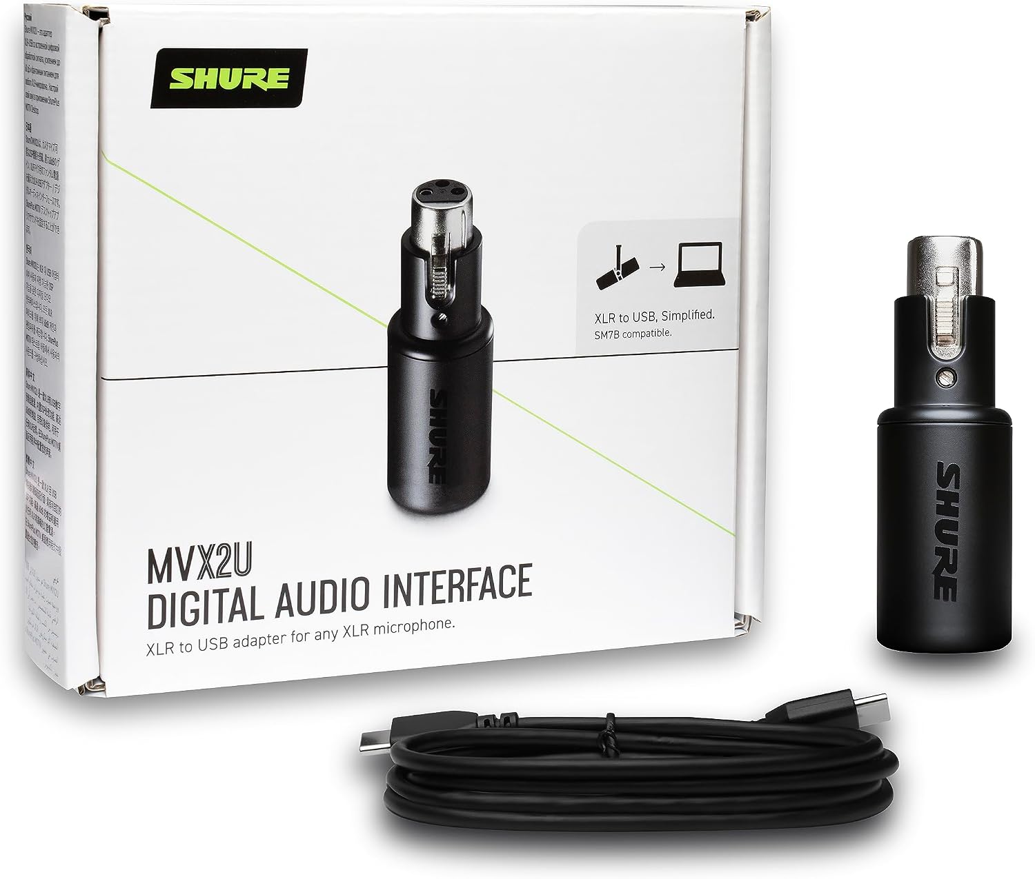 Shure MVX2U XLR-to-USB Digital Audio Interface, Headphone Jack, 60dB Gain, Zero-Latency Monitoring, 48V Phantom Power, ShurePlus App, USB-C Cable