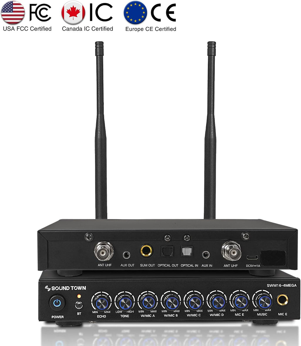 Sound Town 200 Channels Wireless Microphone Karaoke Mixer System, with 4 Metal Handheld Microphones, Optical (Toslink), AUX, for Smart TV, Home Theater, Sound Bar (SWM16-4MEGA)