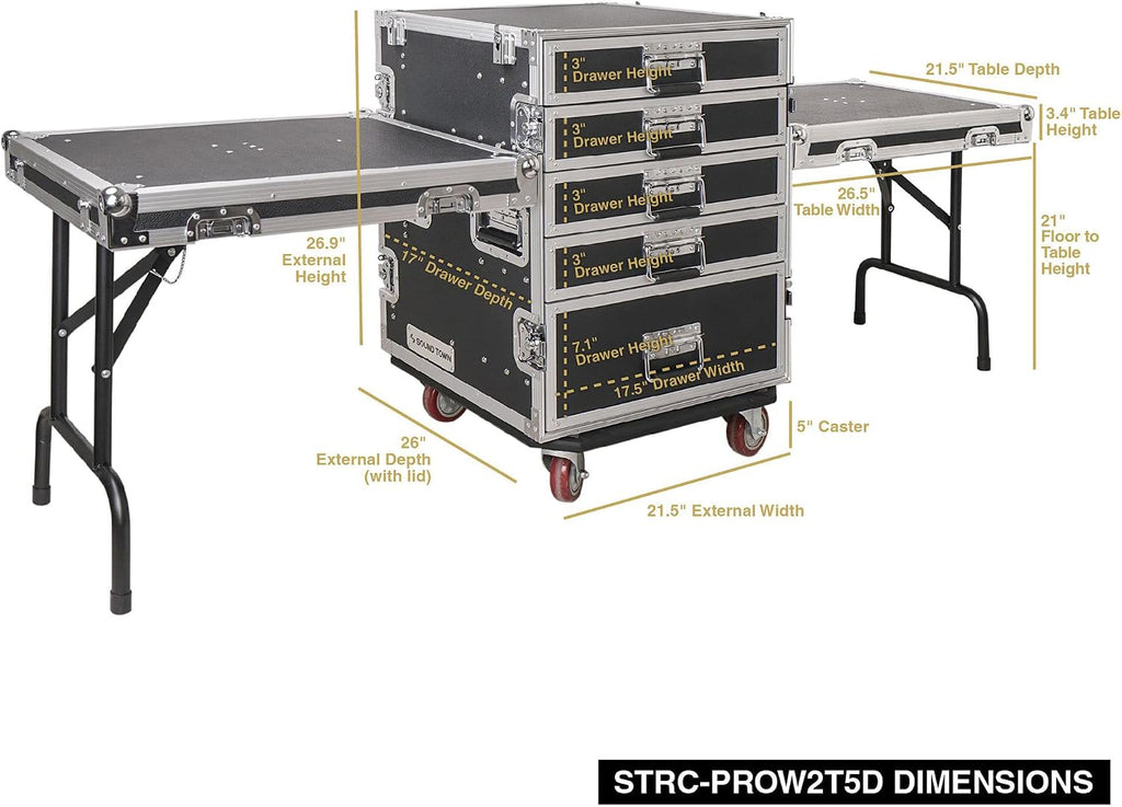 Sound Town Enhanced Thickness 1/2' (12mm) Plywood Road Case with 5-Drawer and Two Tables for Customizable Stage and Studio Utility Equipment Storage, Pro Tour Grade (STRC-PROW2T5D)