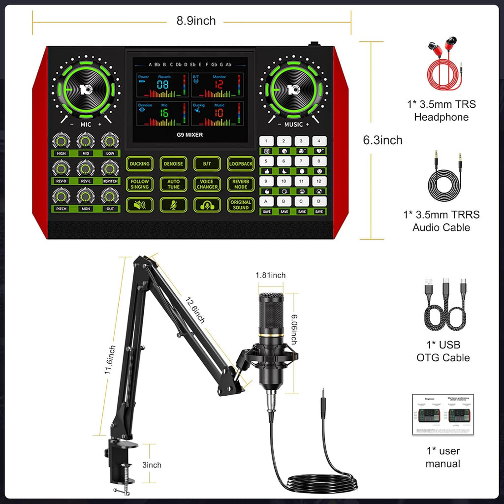 G9 Podcast Equipment Bundle with 3.5mm Condenser Microphone for Pc/Phone Live Streaming Singing Gaming, Podcast Microphone Bundle with Live Sound Board Audio Mixer,Voice Changer, Denoise,DJ Sets