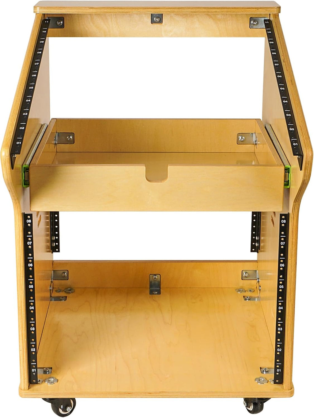Sound Town DIY Solid Baltic Birch Plywood Studio Rack with 11U Slant Mixer Top, 8U Front, 2U Drawer, Rubber Feet, Casters, Golden Oak (SDRK-M11X8)