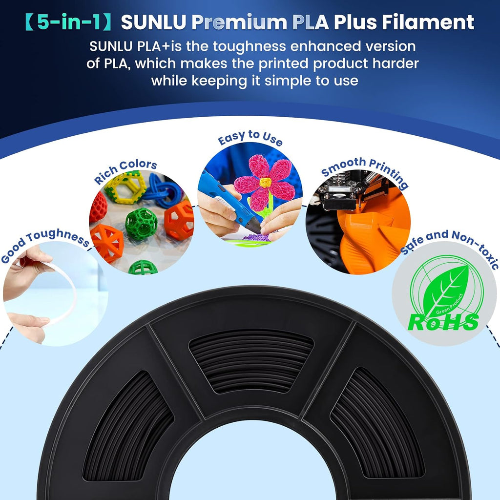 SUNLU 3D Printer Filament Bundle 10KG, PLA Plus Filament 1.75mm, Neatly Wound PLA+ Filament for Most 3D Printer, 2 Colors, 1kg Spool, Black * 5 Spools & White 5 Spools